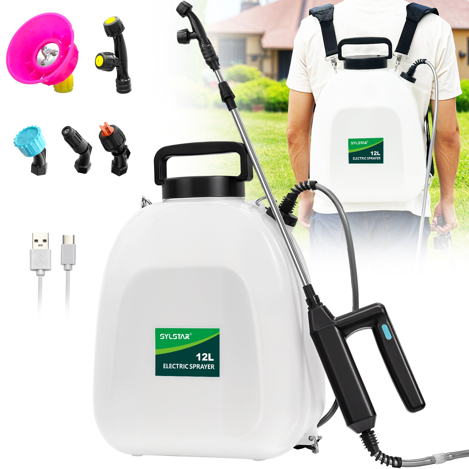 12L Battery Powered Sprayer 3.2 Gallon Battery Backpack Sprayer with USB Rechargeable Handle, 5 Mist Nozzles, 32" Telescopic Wand, Electric Back Pack Sprayer for Yard, Lawn and Garden