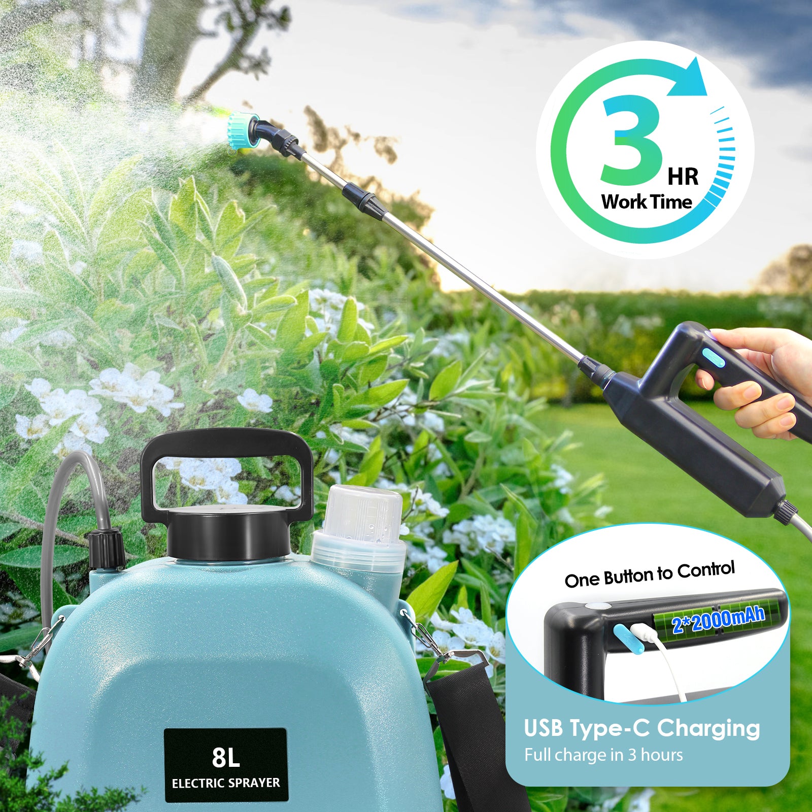 Battery Powered Garden Sprayer 2 Gallon, Upgrade Powerful Electric Sprayer with 3 Mist Nozzles, SYLSTAR Retractable Wand 8L Rechargeable Handle with Adjustable Shoulder Strap for Lawn & Garden