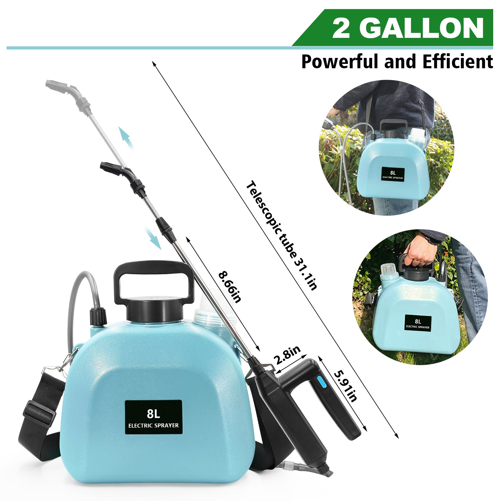 Battery Powered Garden Sprayer 2 Gallon, Upgrade Powerful Electric Sprayer with 3 Mist Nozzles, SYLSTAR Retractable Wand 8L Rechargeable Handle with Adjustable Shoulder Strap for Lawn & Garden