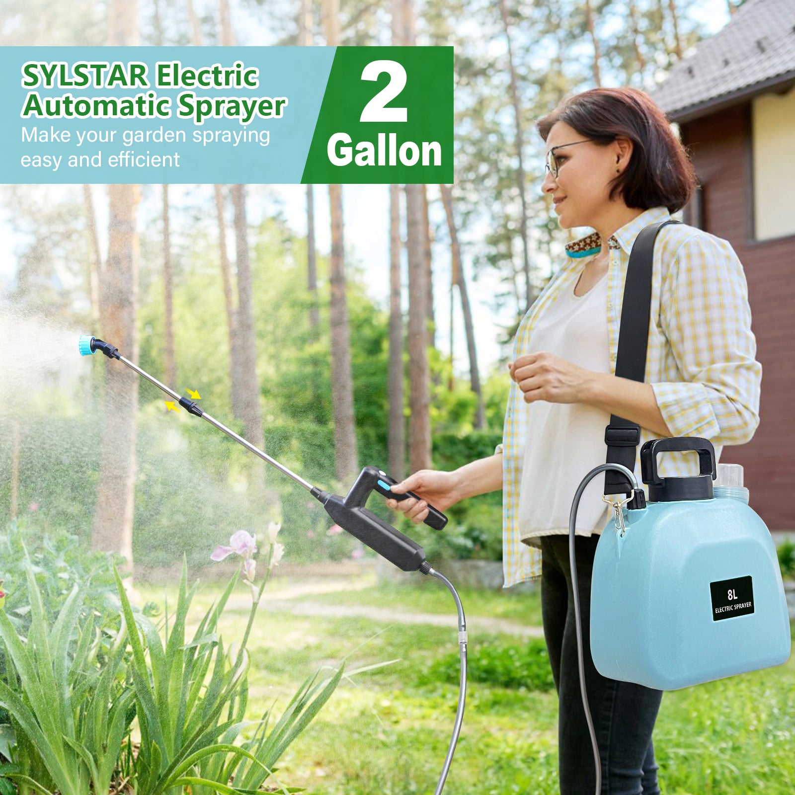 Battery Powered Garden Sprayer 2 Gallon, Upgrade Powerful Electric Sprayer with 3 Mist Nozzles, SYLSTAR Retractable Wand 8L Rechargeable Handle with Adjustable Shoulder Strap for Lawn & Garden