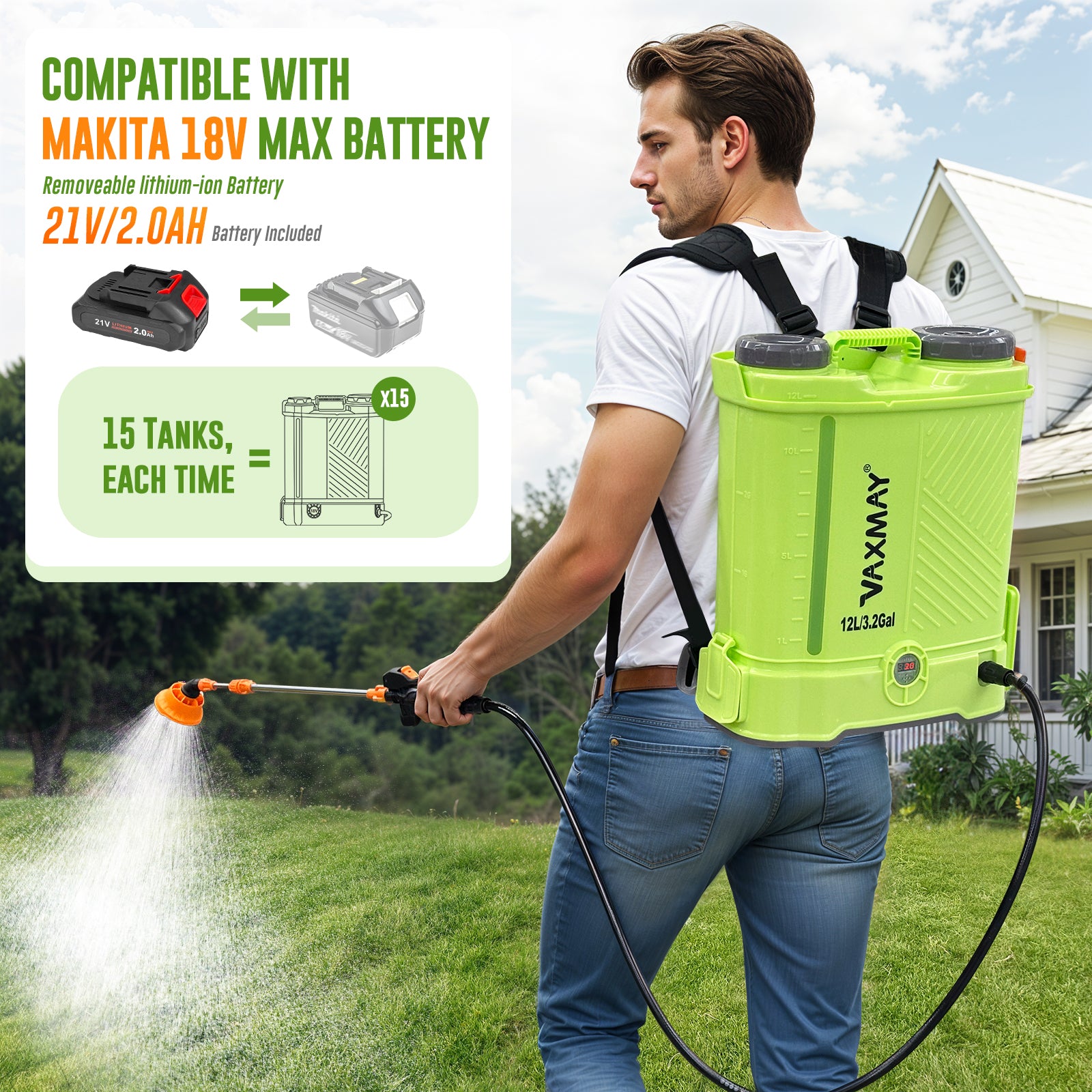 12L 16L Battery Powered Backpack Sprayer 3.2 Gallon 80 PSI Electric Graden Sprayer Works with Makita 18V Battery, Weed Lawn Sprayer with Telescopic Wand, 5 Nozzles, 2.0 Ah Battery & Charger Included