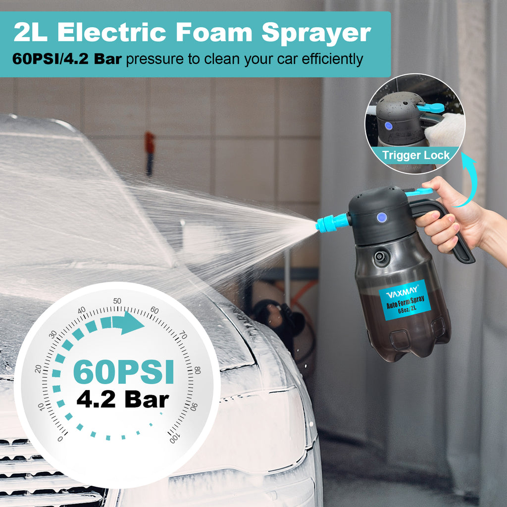 0.5Gal/2L Electric Foam Sprayer Car Wash, 60PSI Powerful Car Foam Sprayer with 2 Nozzles, Rechargeable Auto Pressurized Foam Sprayer, Battery Powered Foam Sprayer for Car Home Garden Cleaning