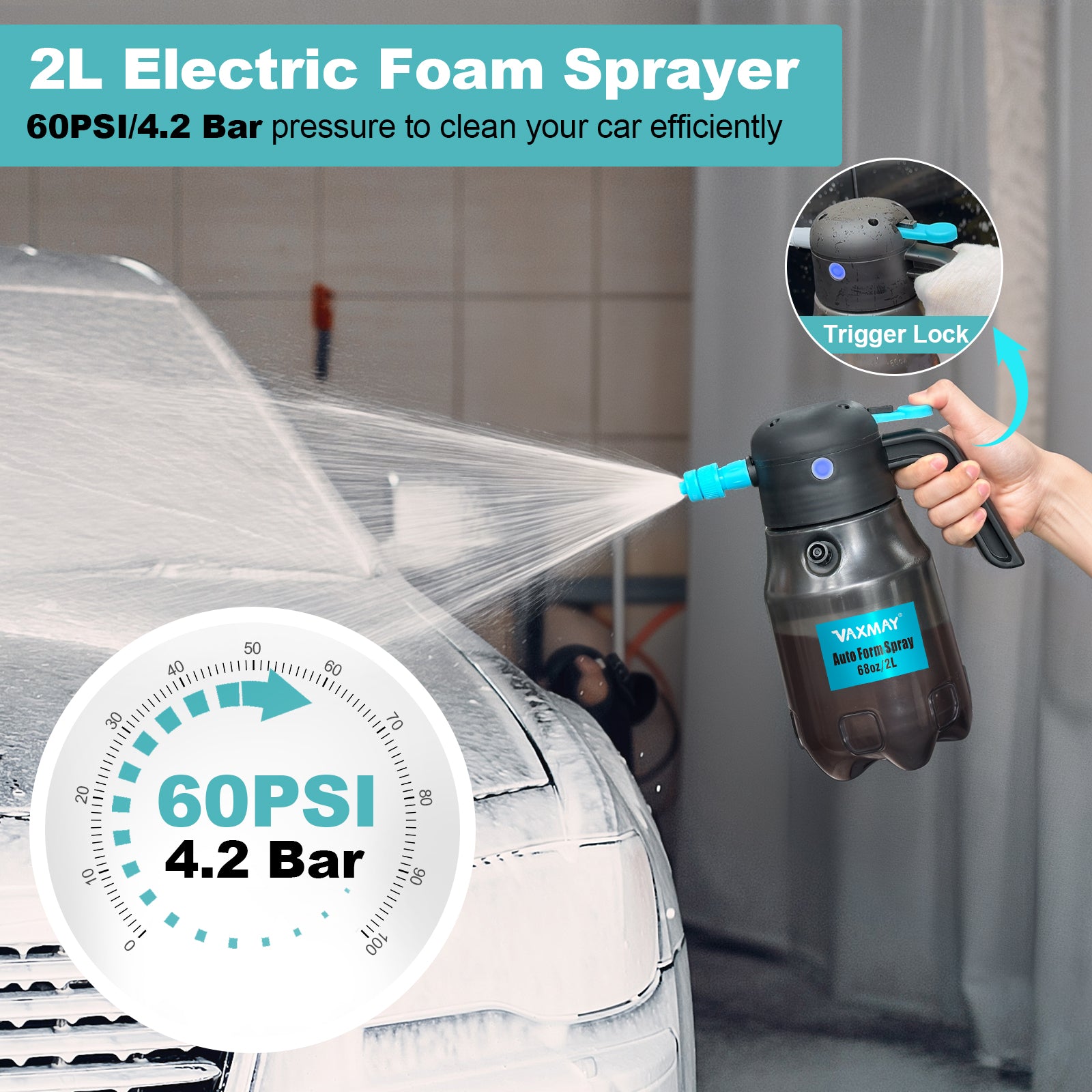 0.5Gal/2L Electric Foam Sprayer Car Wash, 60PSI Powerful Car Foam Sprayer with 2 Nozzles, Rechargeable Auto Pressurized Foam Sprayer, Battery Powered Foam Sprayer for Car Home Garden Cleaning