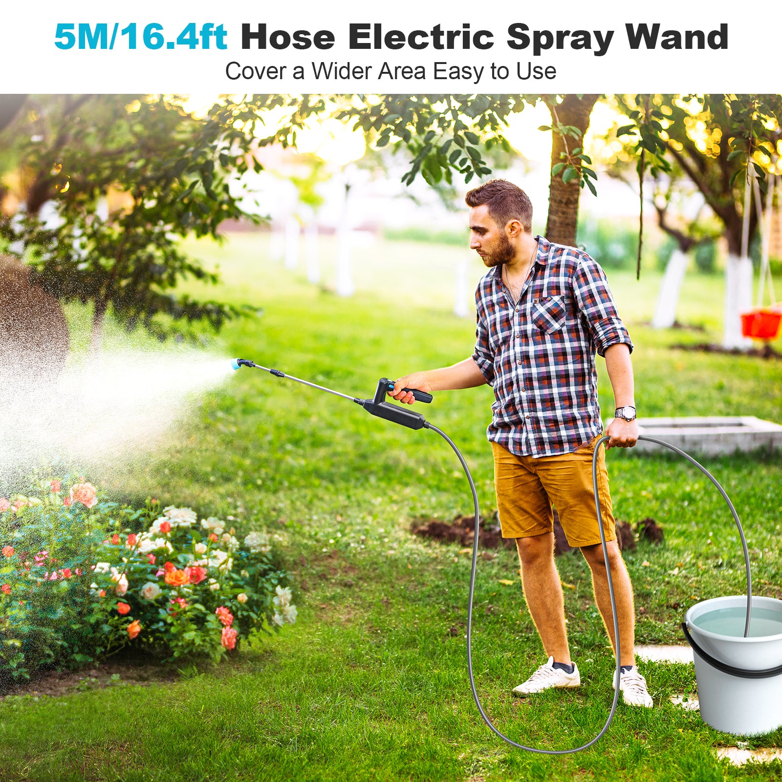SYLSTAR Battery Powered Sprayer Wand 5M 23.6inch Electric Sprayer Telescopic Watering Wand with 16.4FT Hose Rechargeable and Portable Spray Wand for Gardening (3 Nozzles)