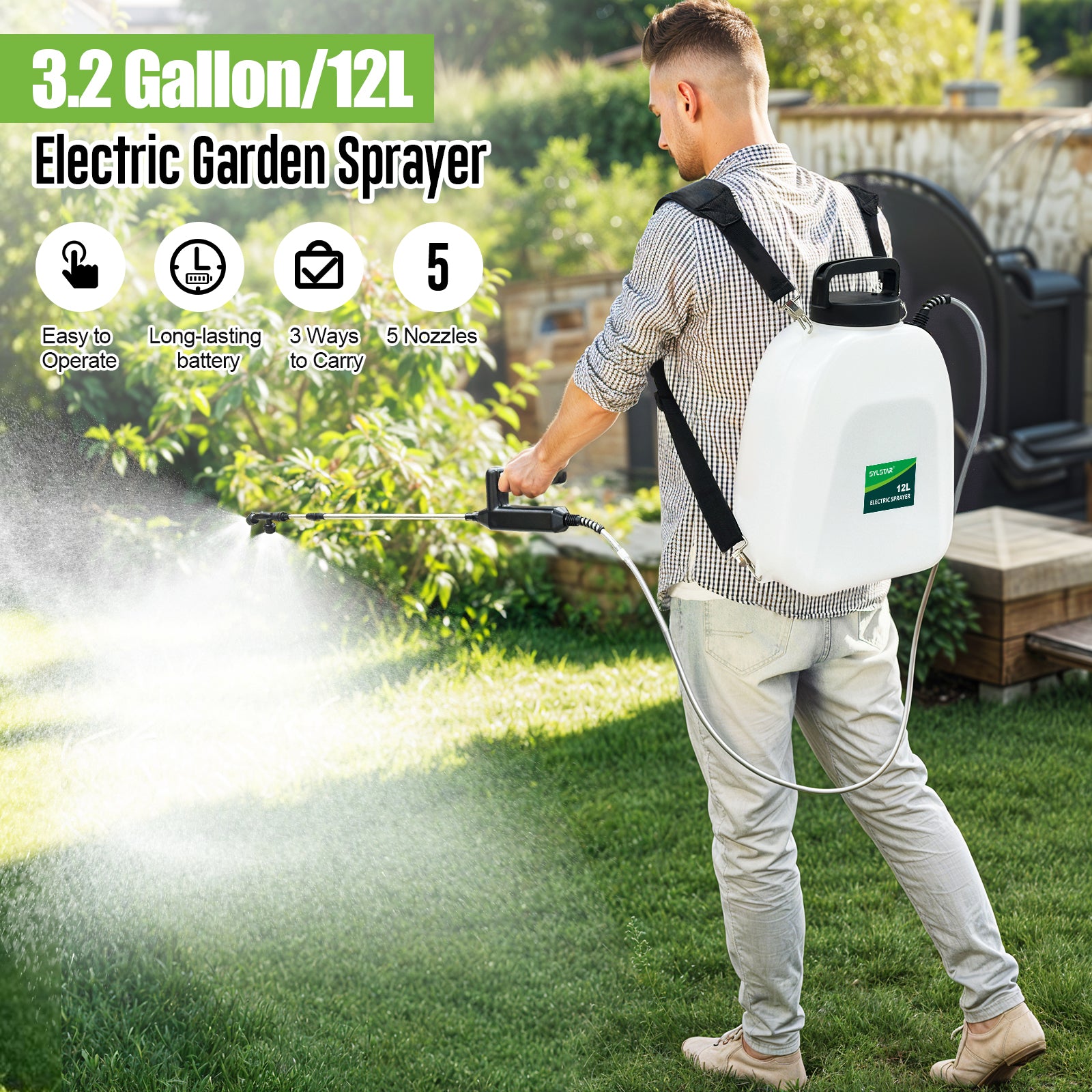 12L Battery Powered Sprayer 3.2 Gallon Battery Backpack Sprayer with USB Rechargeable Handle, 5 Mist Nozzles, 32" Telescopic Wand, Electric Back Pack Sprayer for Yard, Lawn and Garden
