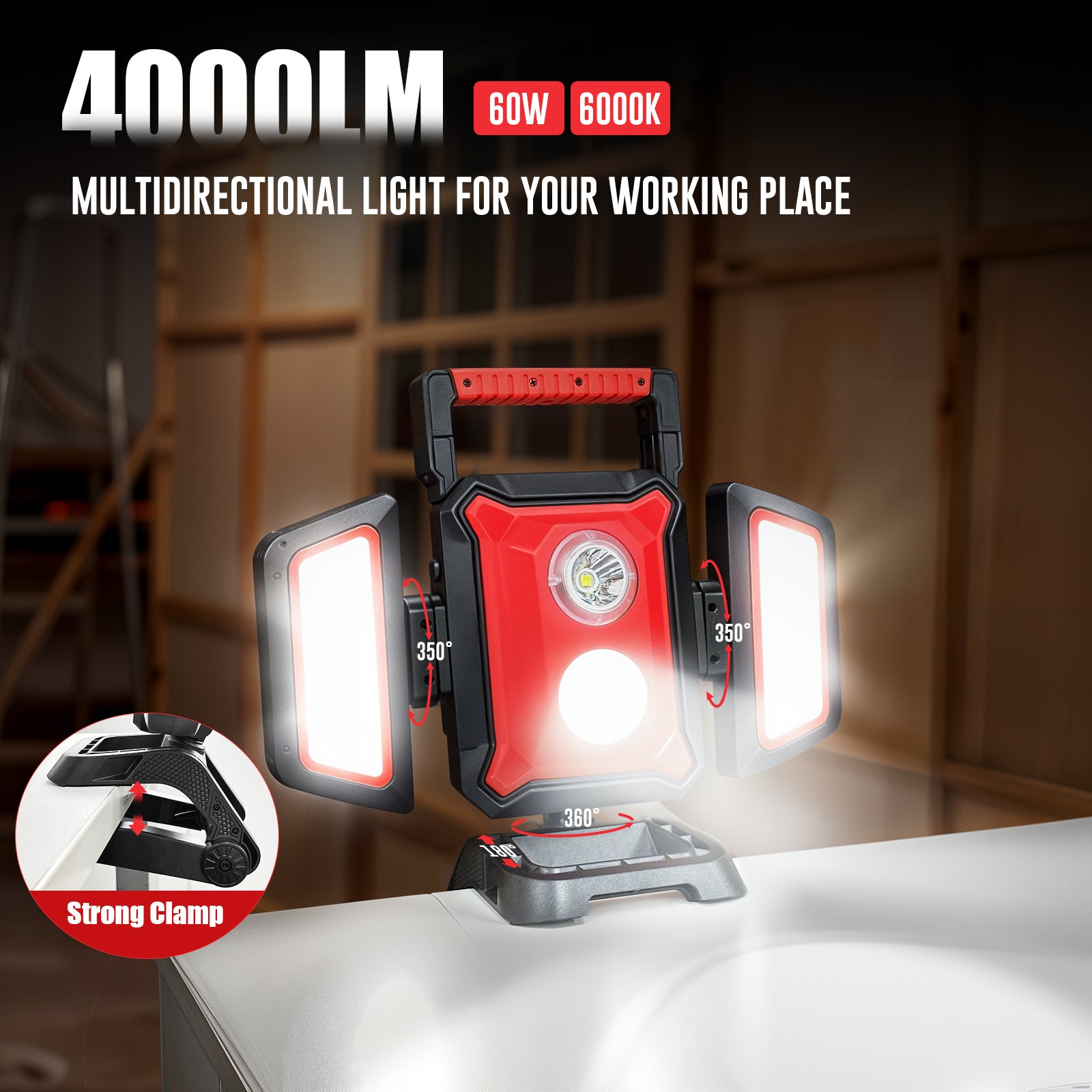 SYLSTAR 40W Rechargeable Work Light, 4000LM Magnetic Work Light with Foldable&360° Rotatable Floodlights, Big Clamp, 5 Light Modes, Powerbank, Portable Work Lights for Jobsite Workshop Car Repairing
