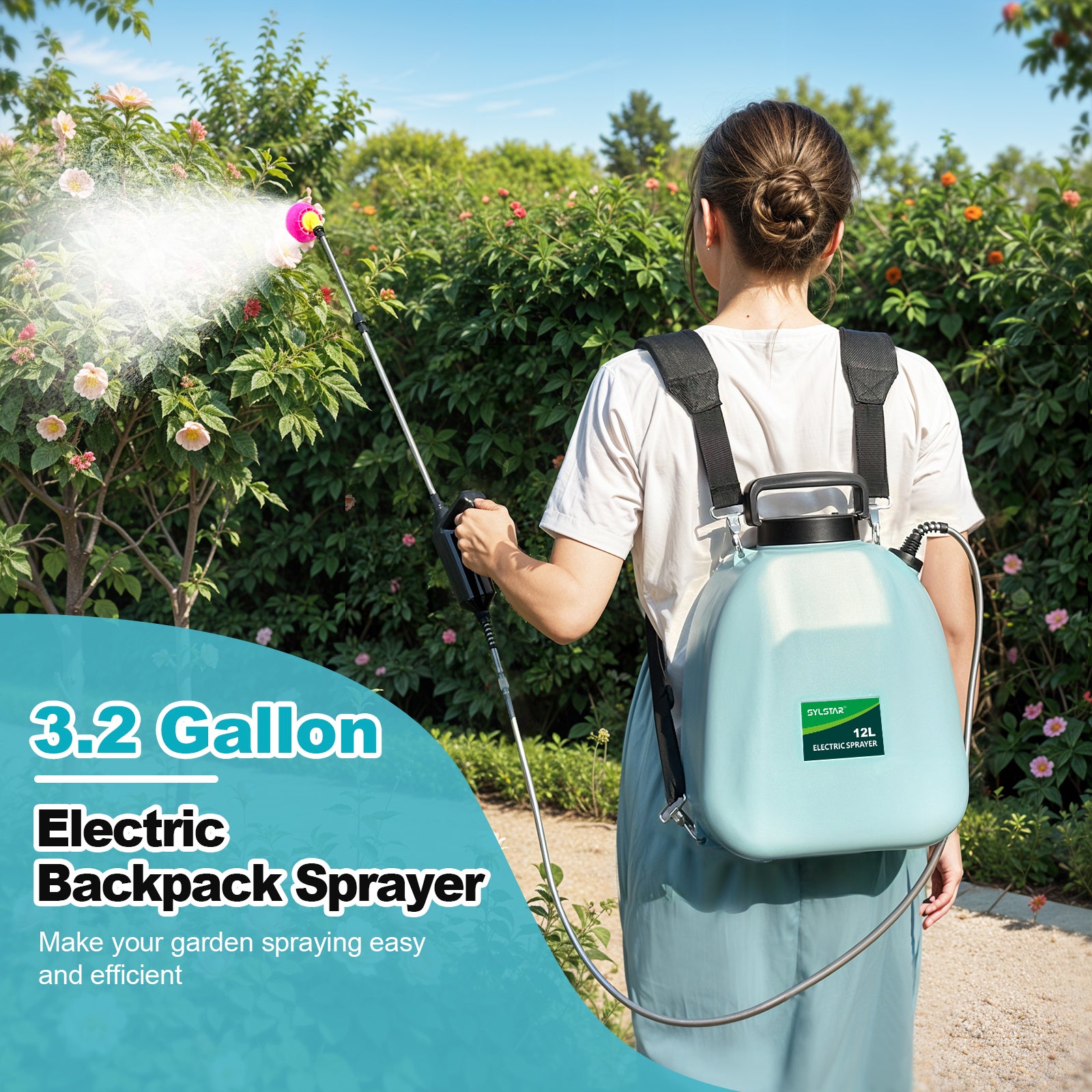 Battery Powered Sprayer 3.2 Gallon, Battery Backpack Sprayer with USB Rechargeable Handle, 5 Mist Nozzles, 32" Telescopic Wand, Electric Back Pack Sprayer for Yard, Lawn and Garden