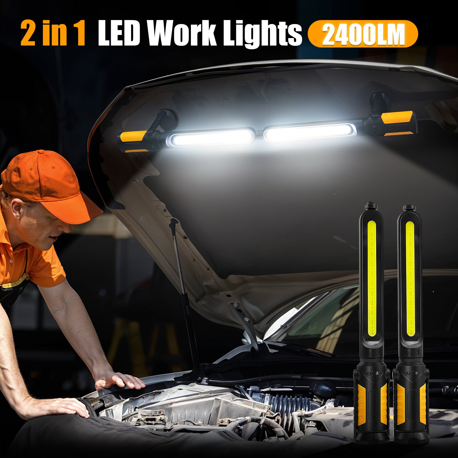 SYLSTAR Work Light for Mechanic with Sensor Control, 2400LM LED Work Light, 4400mAh Rechargeable Underhood Work Light Bar with Hooks Magnetic Mechanic Light for Car Repairing Garage Workshop Emergency
