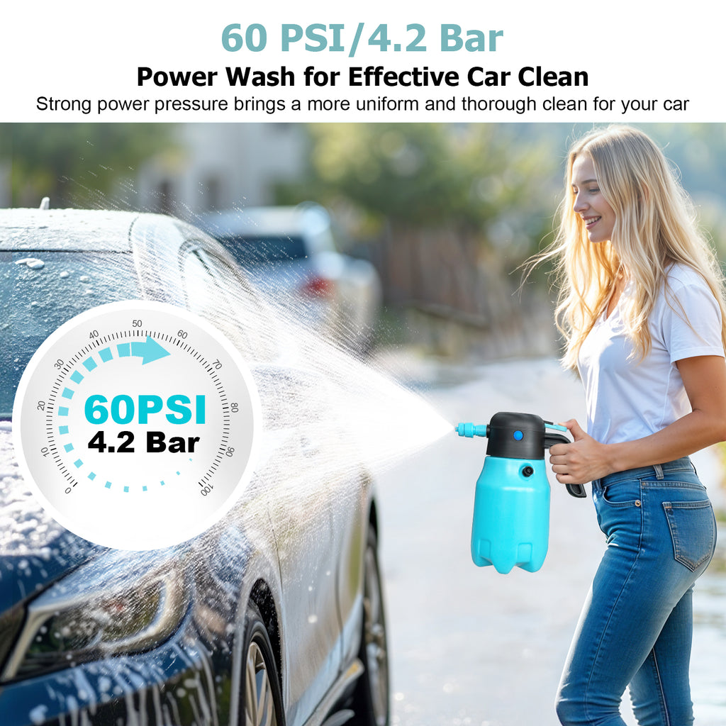 0.5Gal/2L 68oz Electric Foam Sprayer, 60PSI Battery Powered Car Foam Sprayer with 2 Adjustable Nozzles, Rechargeable Cordless Foaming Spray for Car Wash Detailing Garden
