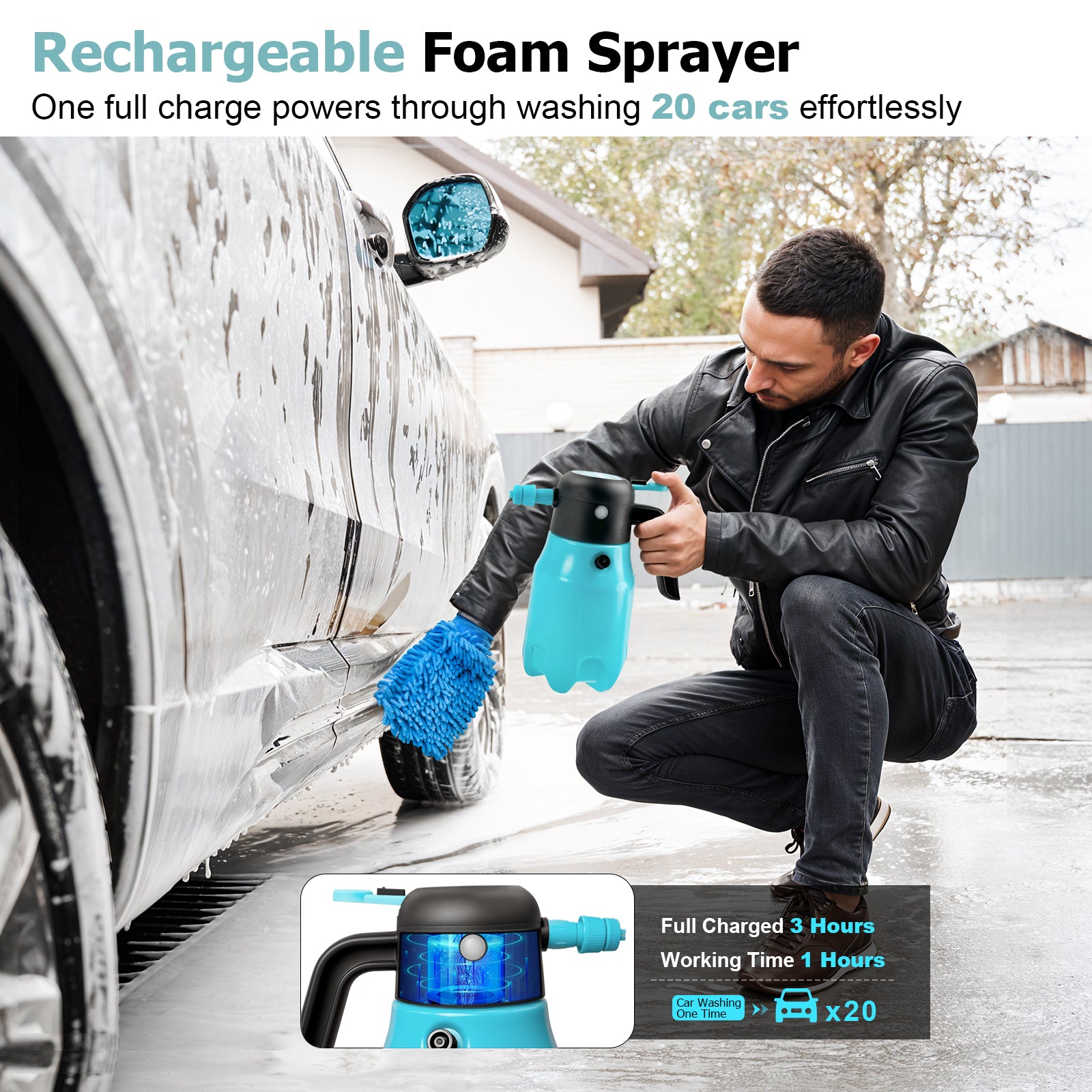 0.5Gal/2L 68oz Electric Foam Sprayer, 60PSI Battery Powered Car Foam Sprayer with 2 Adjustable Nozzles, Rechargeable Cordless Foaming Spray for Car Wash Detailing Garden
