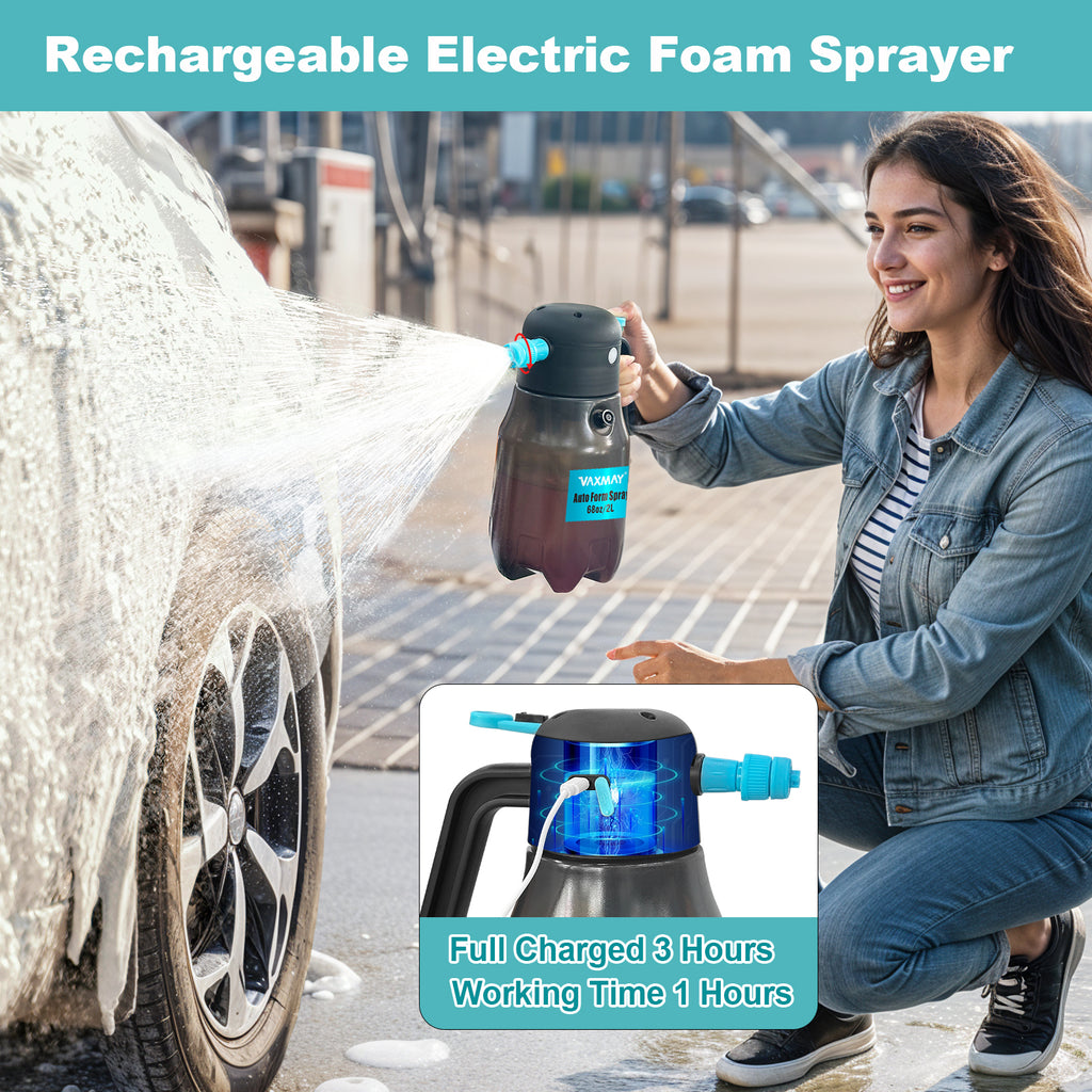 0.5Gal/2L Electric Foam Sprayer Car Wash, 60PSI Powerful Car Foam Sprayer with 2 Nozzles, Rechargeable Auto Pressurized Foam Sprayer, Battery Powered Foam Sprayer for Car Home Garden Cleaning