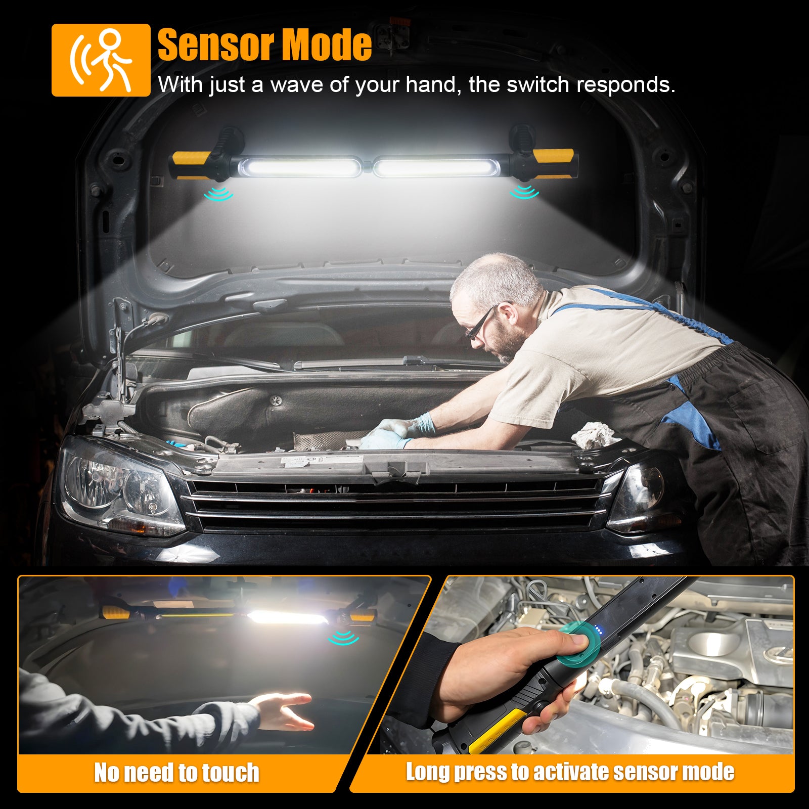 SYLSTAR Work Light for Mechanic with Sensor Control, 2400LM LED Work Light, 4400mAh Rechargeable Underhood Work Light Bar with Hooks Magnetic Mechanic Light for Car Repairing Garage Workshop Emergency