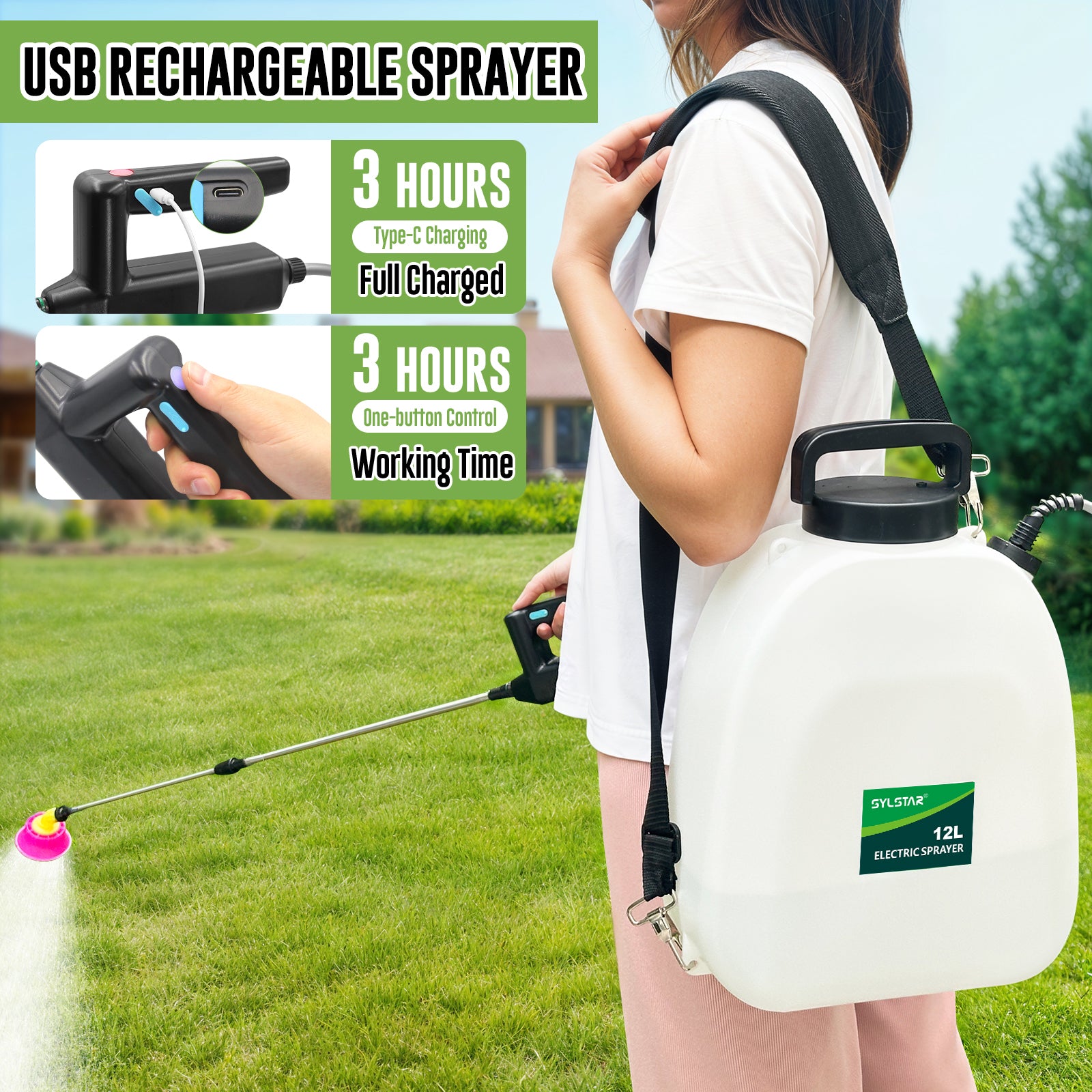12L Battery Powered Sprayer 3.2 Gallon Battery Backpack Sprayer with USB Rechargeable Handle, 5 Mist Nozzles, 32" Telescopic Wand, Electric Back Pack Sprayer for Yard, Lawn and Garden