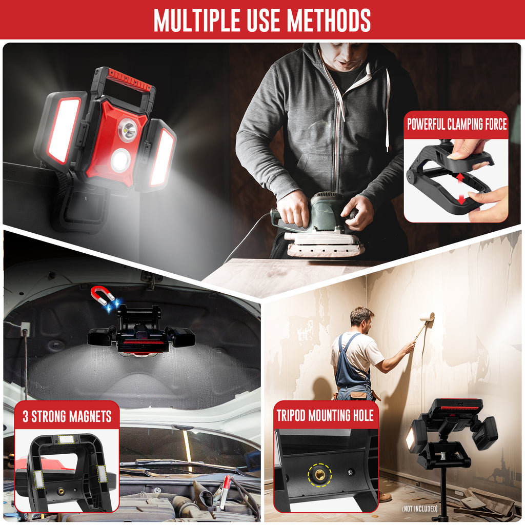 SYLSTAR 40W Rechargeable Work Light, 4000LM Magnetic Work Light with Foldable&360° Rotatable Floodlights, Big Clamp, 5 Light Modes, Powerbank, Portable Work Lights for Jobsite Workshop Car Repairing