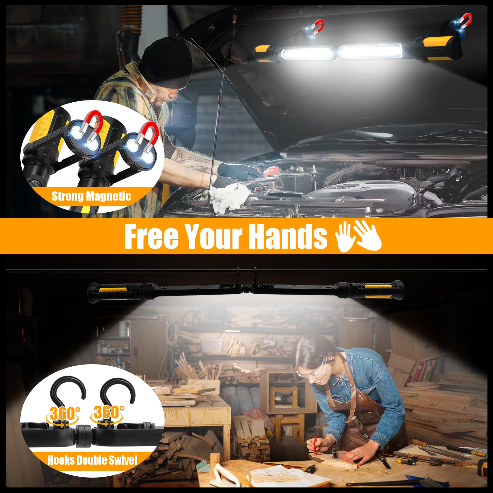 SYLSTAR Work Light for Mechanic with Sensor Control, 2400LM LED Work Light, 4400mAh Rechargeable Underhood Work Light Bar with Hooks Magnetic Mechanic Light for Car Repairing Garage Workshop Emergency