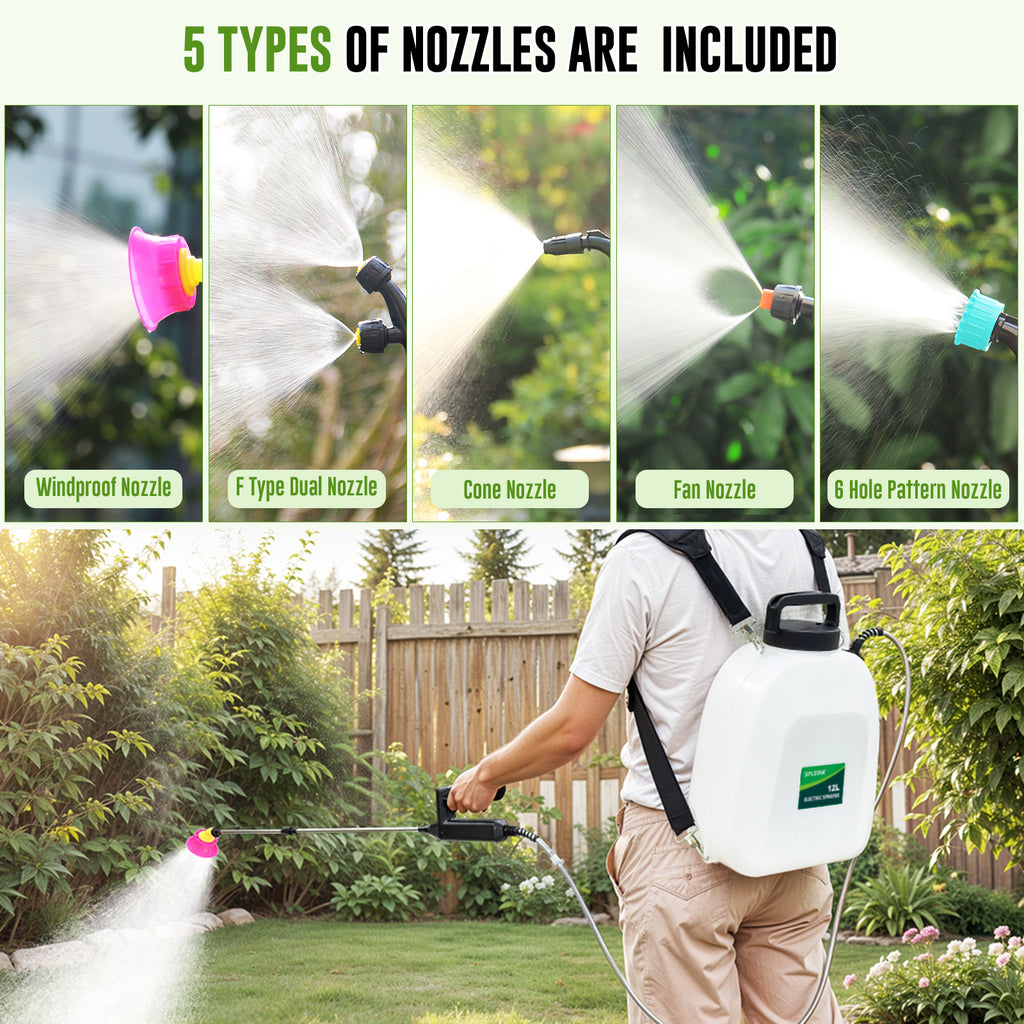 12L Battery Powered Sprayer 3.2 Gallon Battery Backpack Sprayer with USB Rechargeable Handle, 5 Mist Nozzles, 32" Telescopic Wand, Electric Back Pack Sprayer for Yard, Lawn and Garden