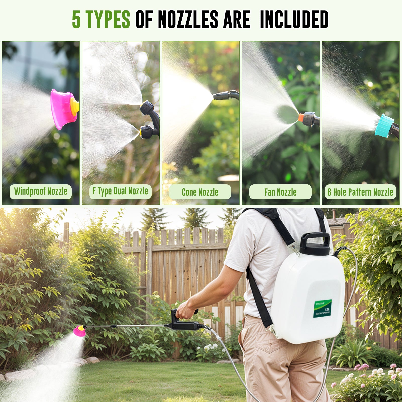 12L Battery Powered Sprayer 3.2 Gallon Battery Backpack Sprayer with USB Rechargeable Handle, 5 Mist Nozzles, 32" Telescopic Wand, Electric Back Pack Sprayer for Yard, Lawn and Garden