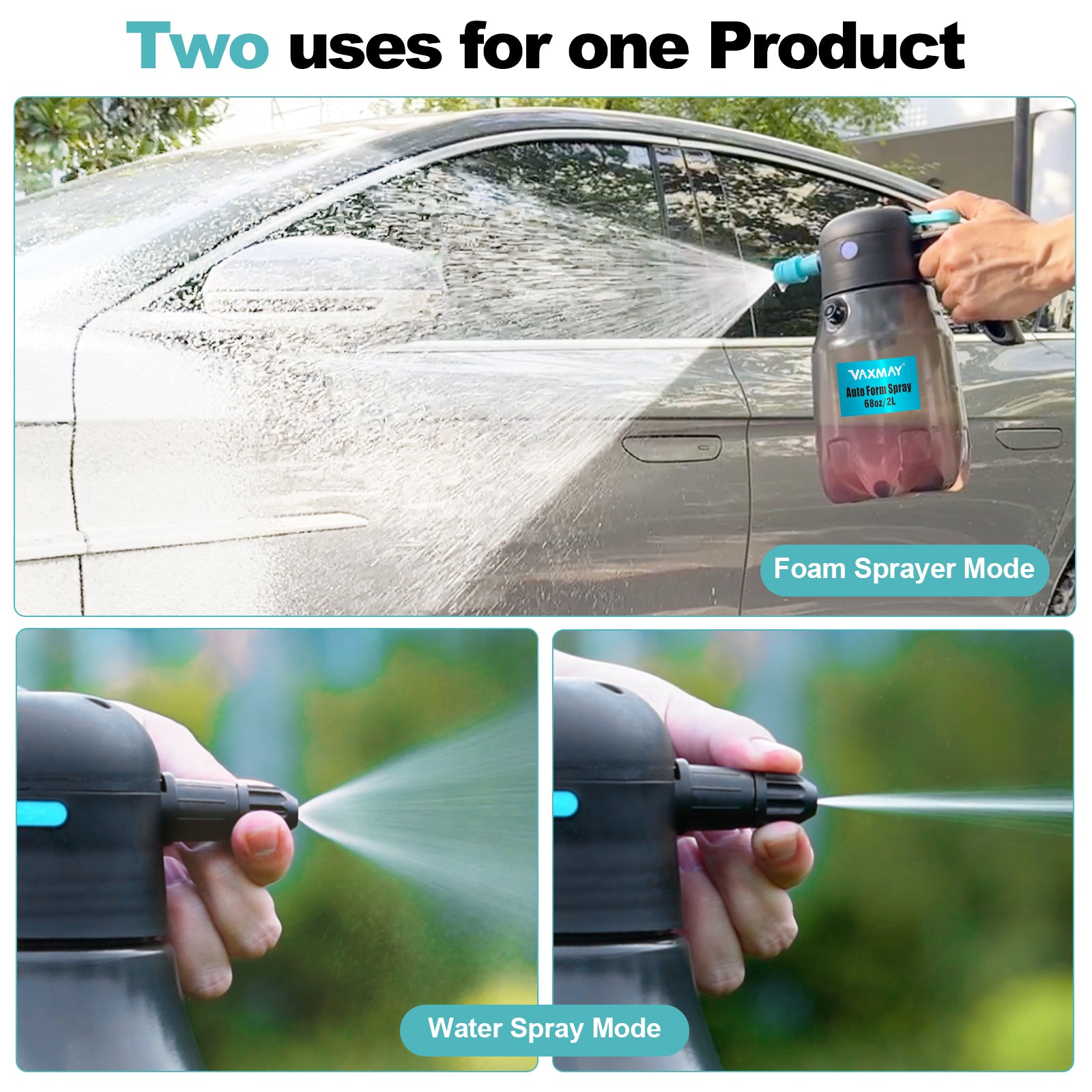 0.5Gal/2L Electric Foam Sprayer Car Wash, 60PSI Powerful Car Foam Sprayer with 2 Nozzles, Rechargeable Auto Pressurized Foam Sprayer, Battery Powered Foam Sprayer for Car Home Garden Cleaning