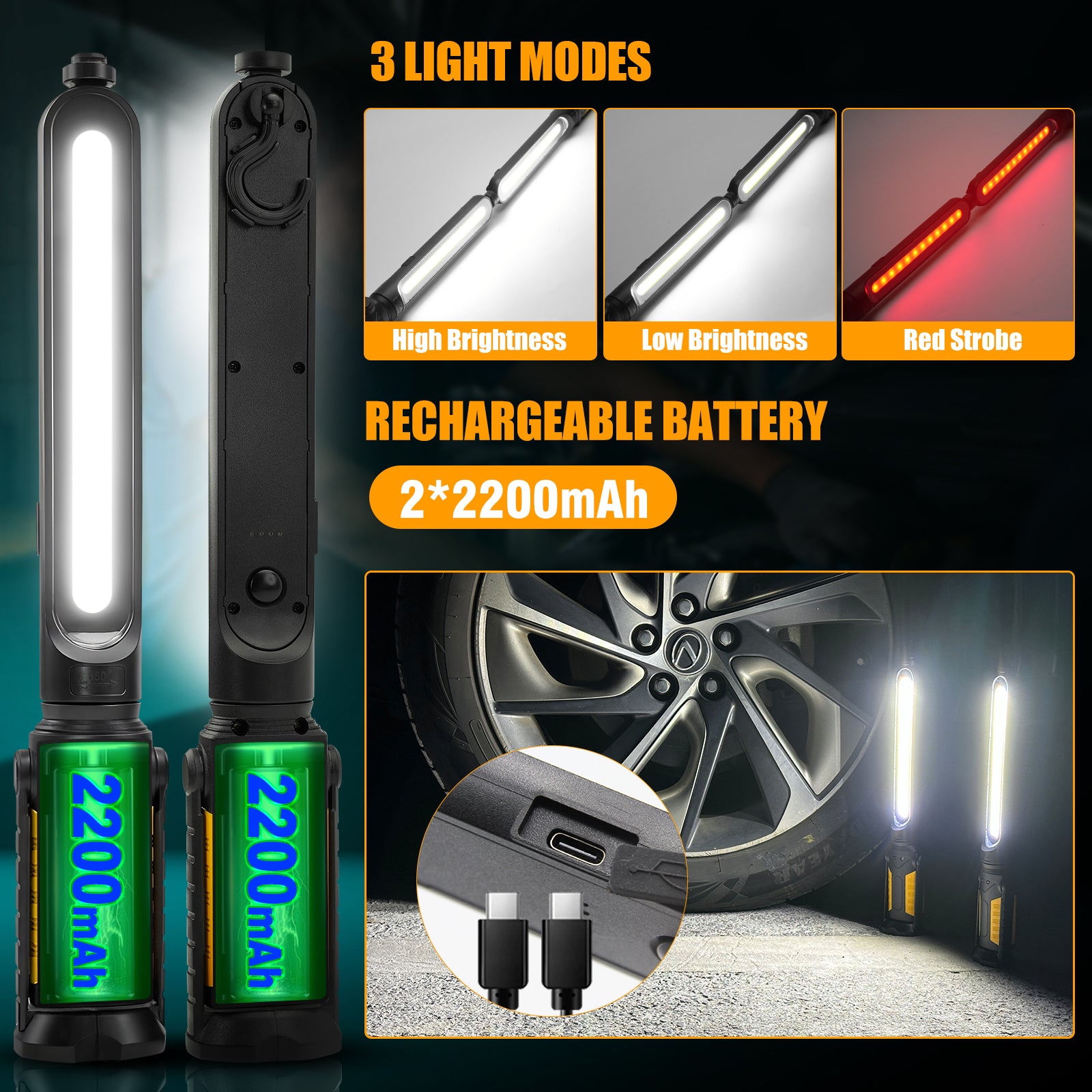 SYLSTAR Work Light for Mechanic with Sensor Control, 2400LM LED Work Light, 4400mAh Rechargeable Underhood Work Light Bar with Hooks Magnetic Mechanic Light for Car Repairing Garage Workshop Emergency