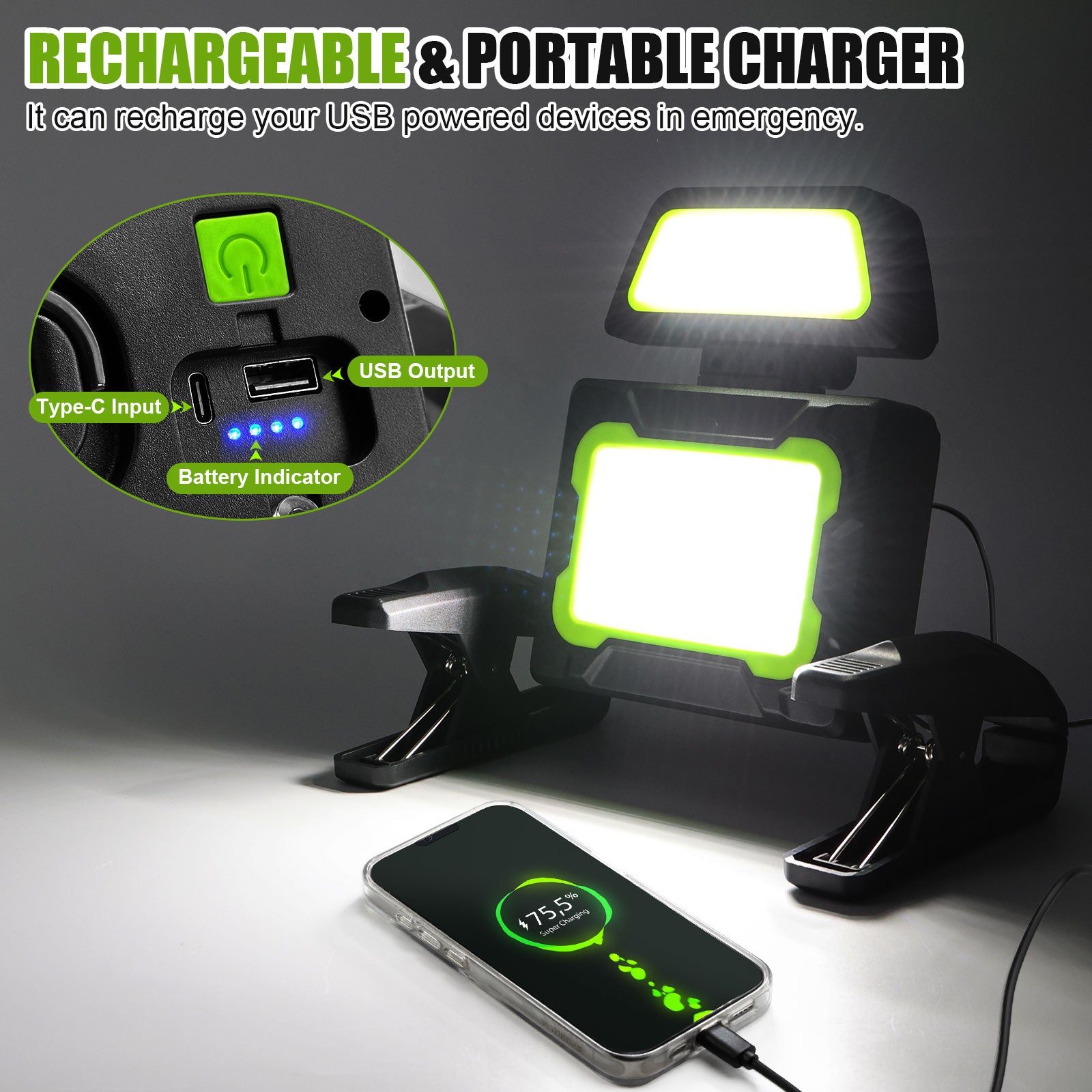 LED Construction Spotlight Battery 5000 Lumen LED Spotlight Battery Work Light with 6 Modes, Portable Work Light for Workshop, Construction Site, Garage, Camping, Outdoor Lighting