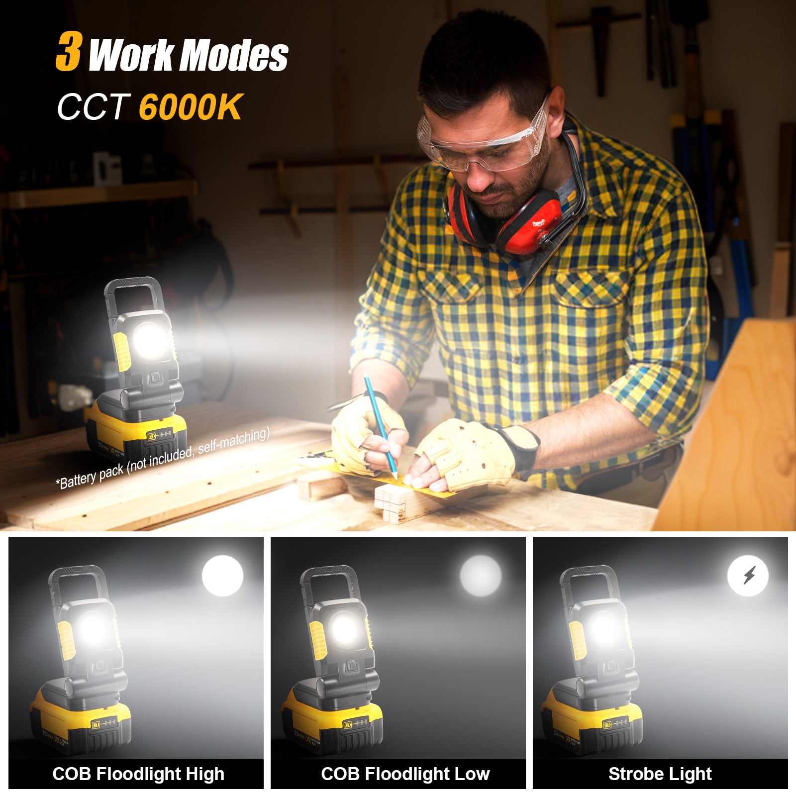 1500LM 10W Car Repair Battery Powered Work Light COB Adjustable Battery Work Light with Hook