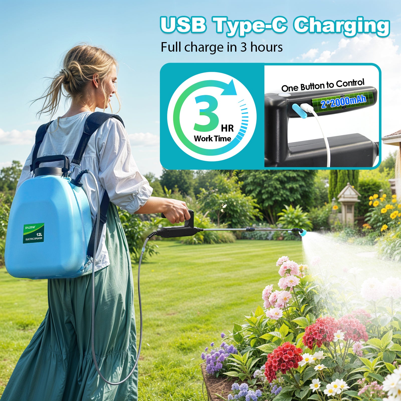 Battery Powered Sprayer 3.2 Gallon, Battery Backpack Sprayer with USB Rechargeable Handle, 5 Mist Nozzles, 32" Telescopic Wand, Electric Back Pack Sprayer for Yard, Lawn and Garden