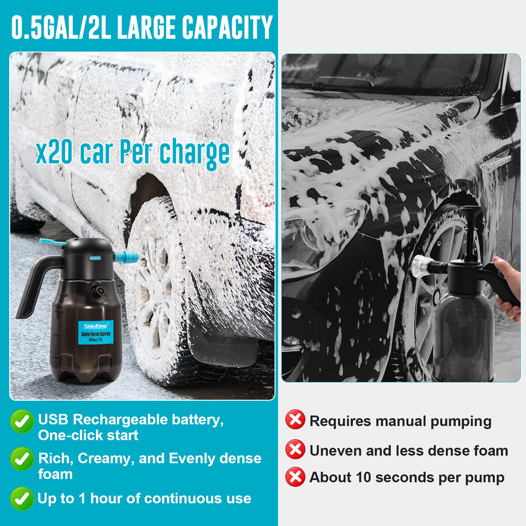 0.5Gal/2L Electric Foam Sprayer Car Wash, 60PSI Powerful Car Foam Sprayer with 2 Nozzles, Rechargeable Auto Pressurized Foam Sprayer, Battery Powered Foam Sprayer for Car Home Garden Cleaning