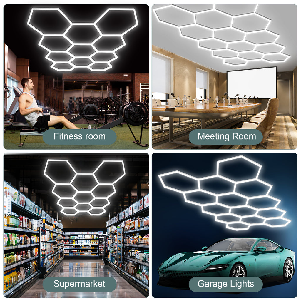Hexagon Led Garage Lights 14 Hex Grid 192W 26400LM Super Bright Led Garage Ceiling Lights 6500K Hex Led Lights for Garage Wall Workshop Basement Warehouse Car Detailing Shop