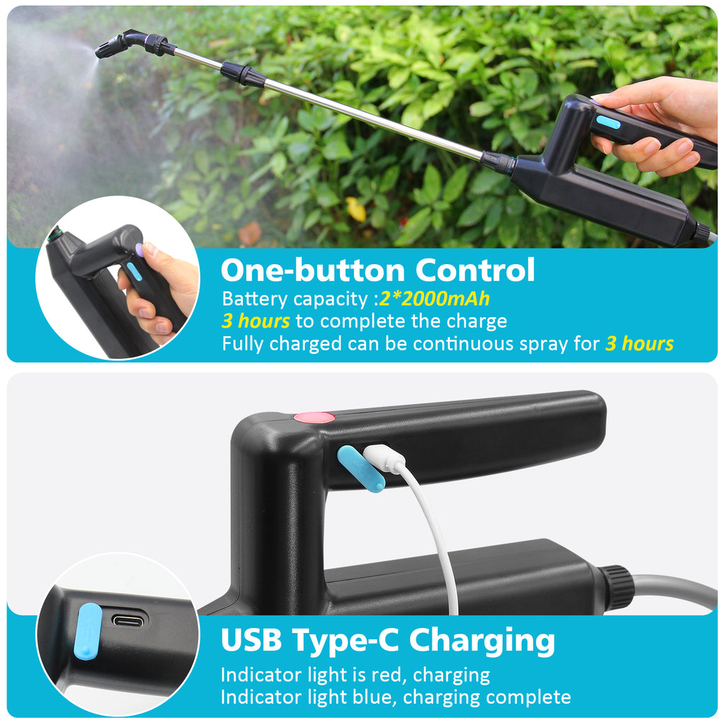 SYLSTAR Battery Powered Sprayer Wand 5M 23.6inch Electric Sprayer Telescopic Watering Wand with 16.4FT Hose Rechargeable and Portable Spray Wand for Gardening (3 Nozzles)