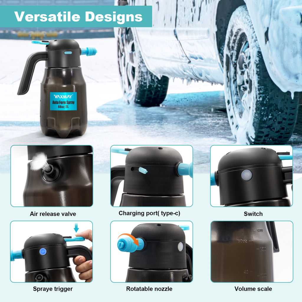 0.5Gal/2L Electric Foam Sprayer Car Wash, 60PSI Powerful Car Foam Sprayer with 2 Nozzles, Rechargeable Auto Pressurized Foam Sprayer, Battery Powered Foam Sprayer for Car Home Garden Cleaning
