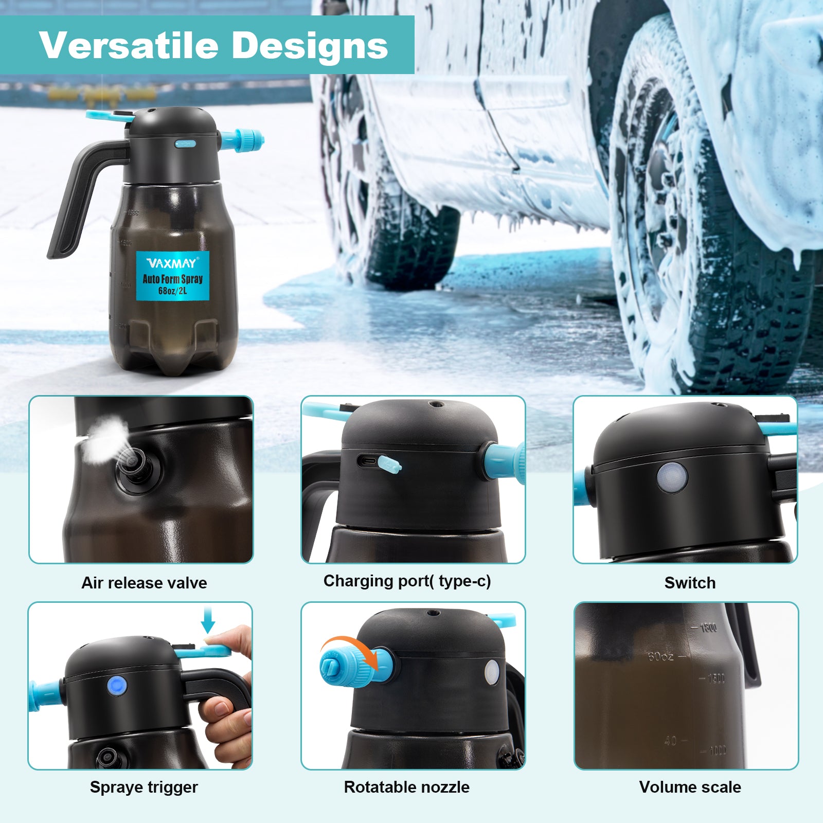 0.5Gal/2L Electric Foam Sprayer Car Wash, 60PSI Powerful Car Foam Sprayer with 2 Nozzles, Rechargeable Auto Pressurized Foam Sprayer, Battery Powered Foam Sprayer for Car Home Garden Cleaning