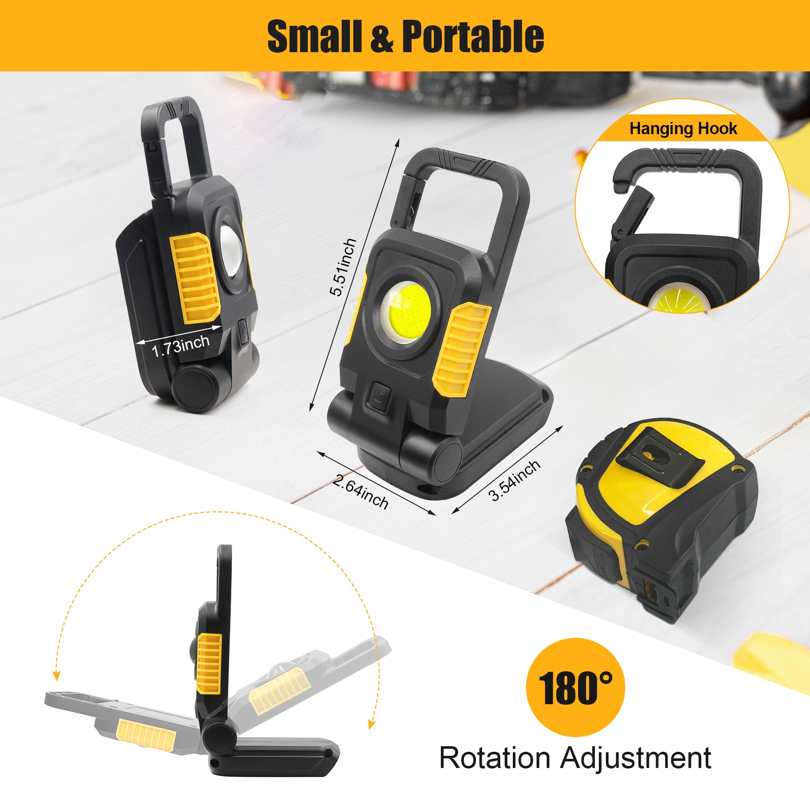 1500LM 10W Car Repair Battery Powered Work Light COB Adjustable Battery Work Light with Hook