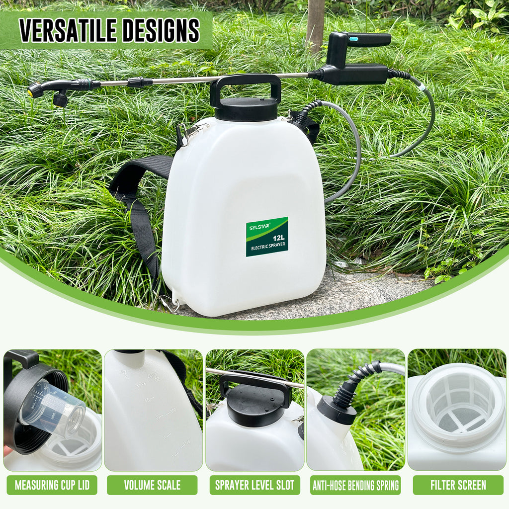 12L Battery Powered Sprayer 3.2 Gallon Battery Backpack Sprayer with USB Rechargeable Handle, 5 Mist Nozzles, 32" Telescopic Wand, Electric Back Pack Sprayer for Yard, Lawn and Garden