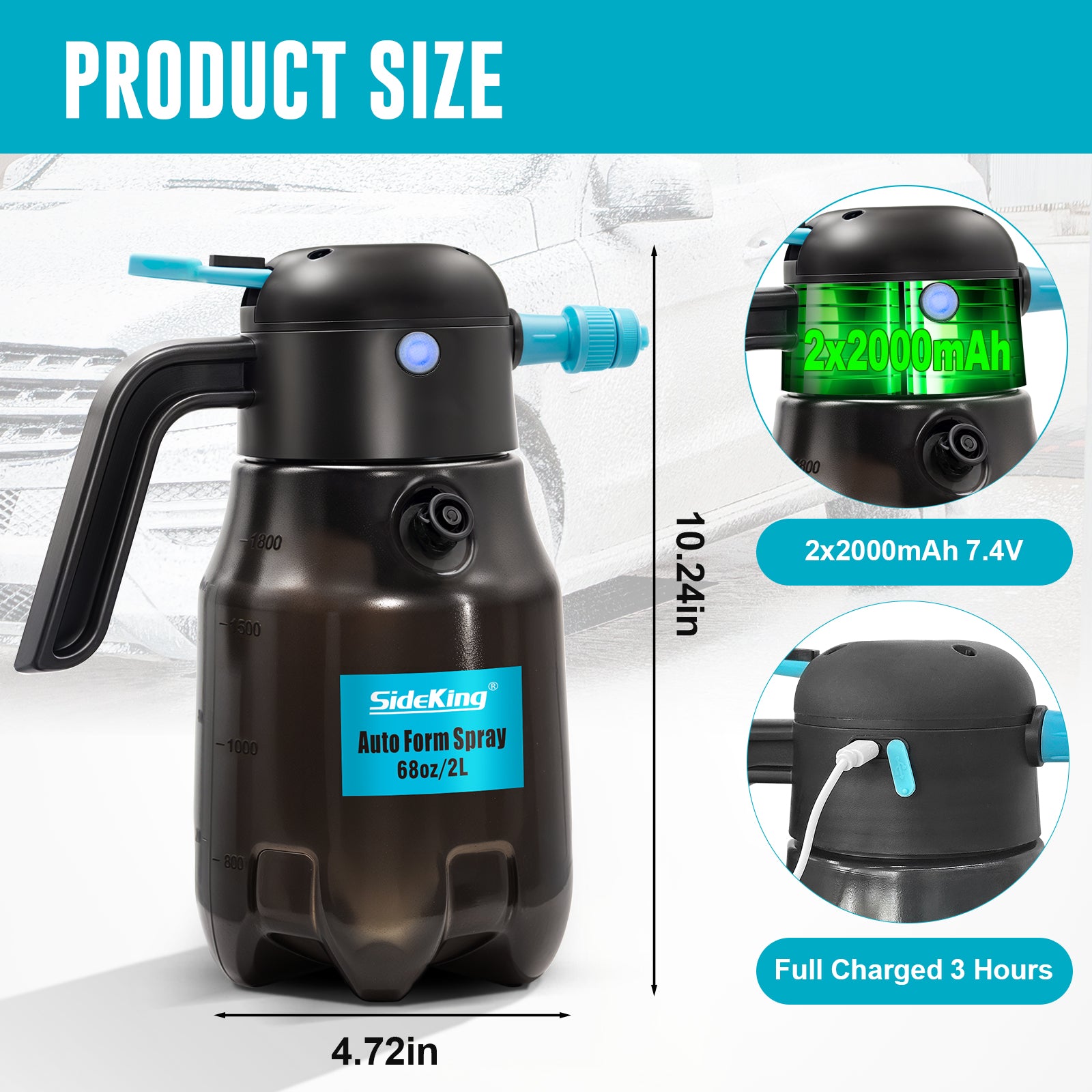 0.5Gal/2L Electric Foam Sprayer Car Wash, 60PSI Powerful Car Foam Sprayer with 2 Nozzles, Rechargeable Auto Pressurized Foam Sprayer, Battery Powered Foam Sprayer for Car Home Garden Cleaning