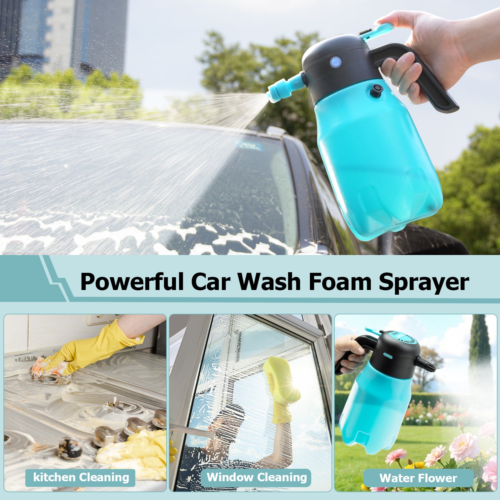 0.5Gal/2L 68oz Electric Foam Sprayer, 60PSI Battery Powered Car Foam Sprayer with 2 Adjustable Nozzles, Rechargeable Cordless Foaming Spray for Car Wash Detailing Garden