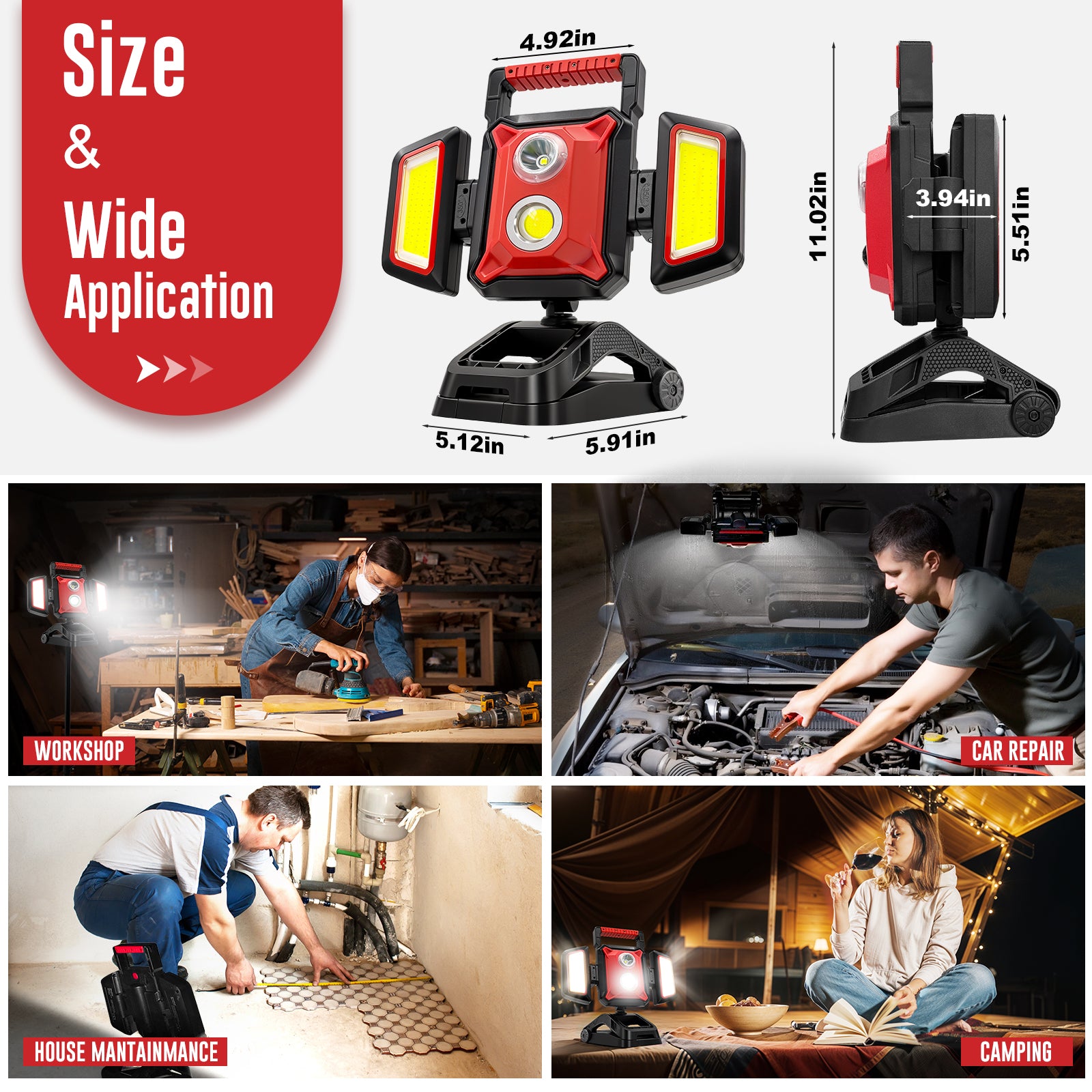 SYLSTAR 40W Rechargeable Work Light, 4000LM Magnetic Work Light with Foldable&360° Rotatable Floodlights, Big Clamp, 5 Light Modes, Powerbank, Portable Work Lights for Jobsite Workshop Car Repairing