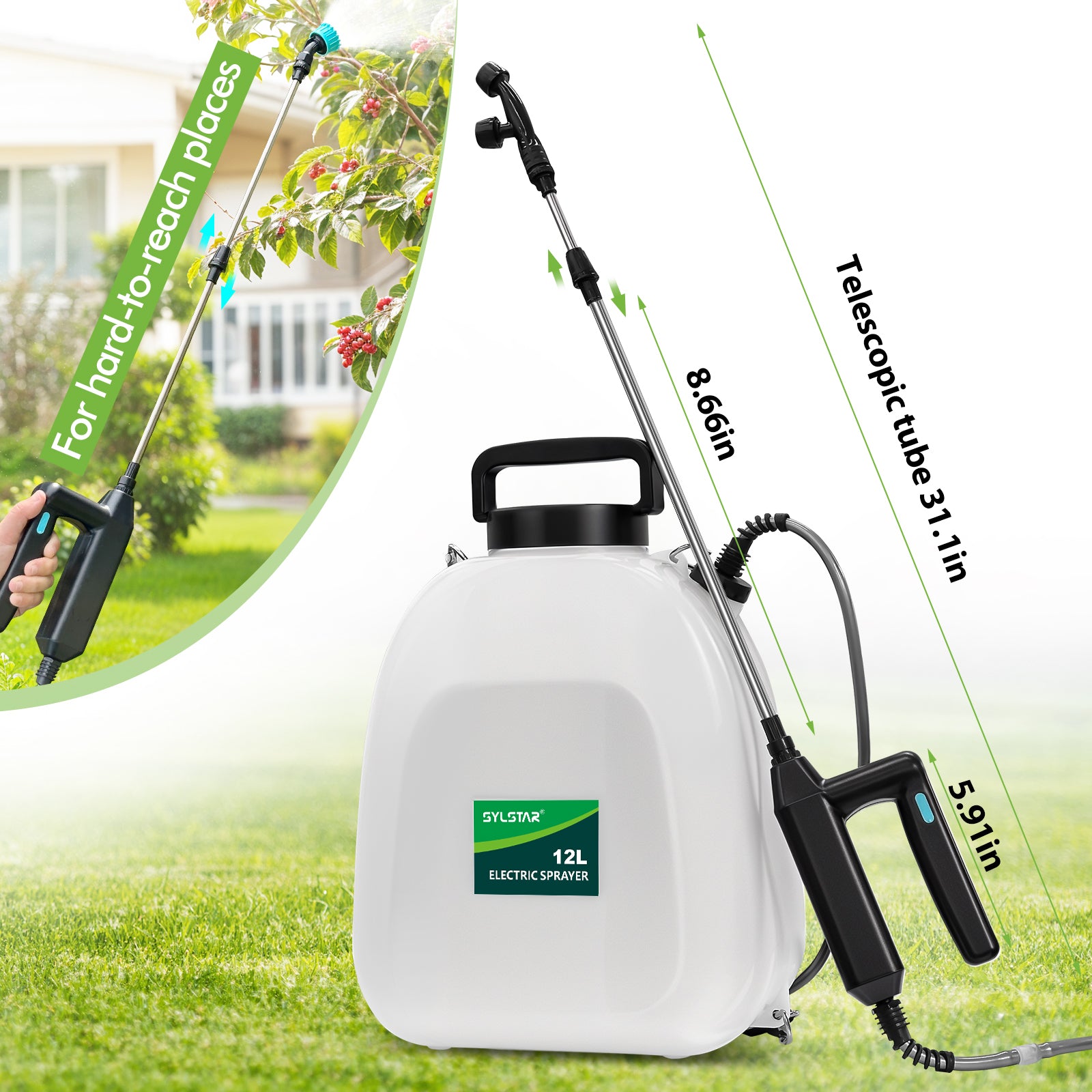 12L Battery Powered Sprayer 3.2 Gallon Battery Backpack Sprayer with USB Rechargeable Handle, 5 Mist Nozzles, 32" Telescopic Wand, Electric Back Pack Sprayer for Yard, Lawn and Garden