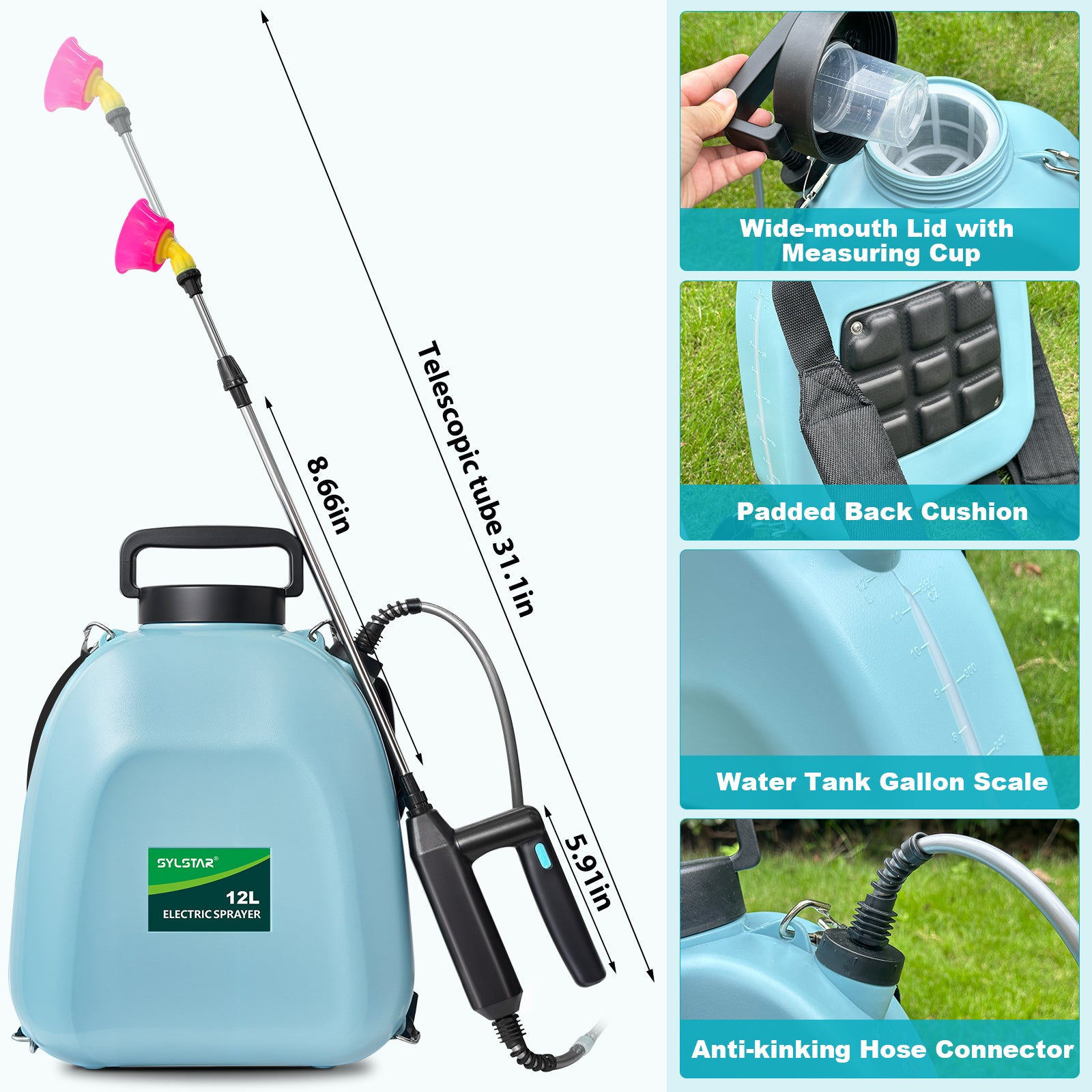 Battery Powered Sprayer 3.2 Gallon, Battery Backpack Sprayer with USB Rechargeable Handle, 5 Mist Nozzles, 32" Telescopic Wand, Electric Back Pack Sprayer for Yard, Lawn and Garden