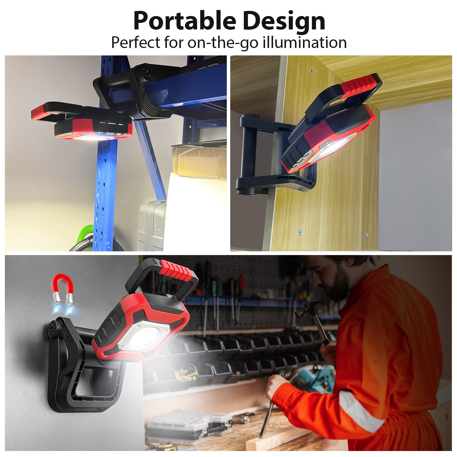 Rechargeable COB Work Light with 20W 1500LM Adjustable Brightness Magnetic Clamp Base and Power Bank