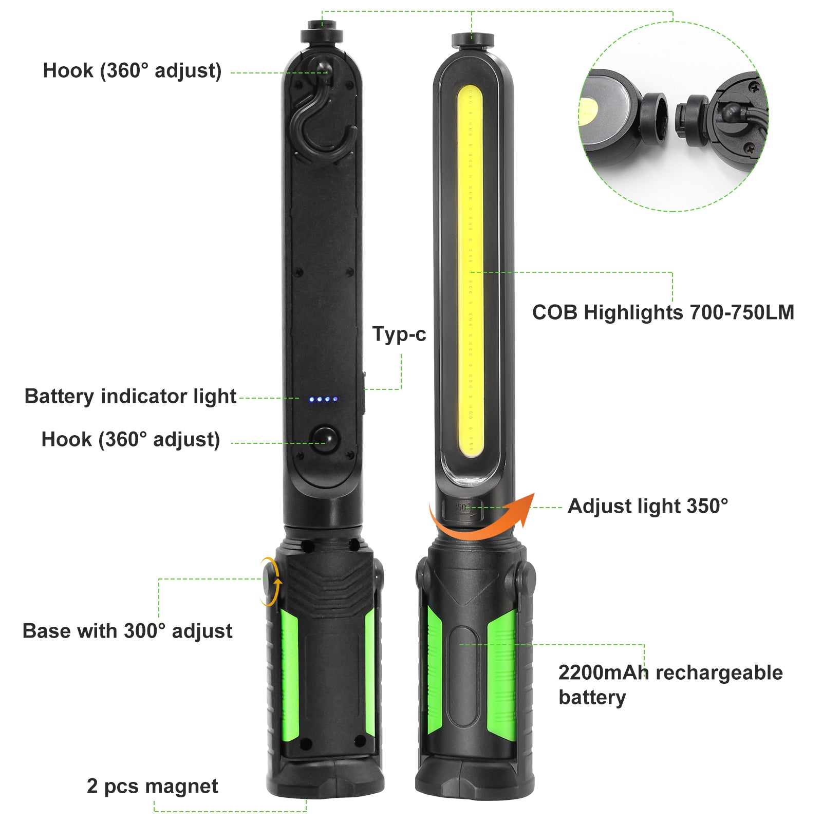 20W 1400LM Two Pair COB Power Bank USB Rechargeable Working Emergency 4400mAh Work Light For Car Repair