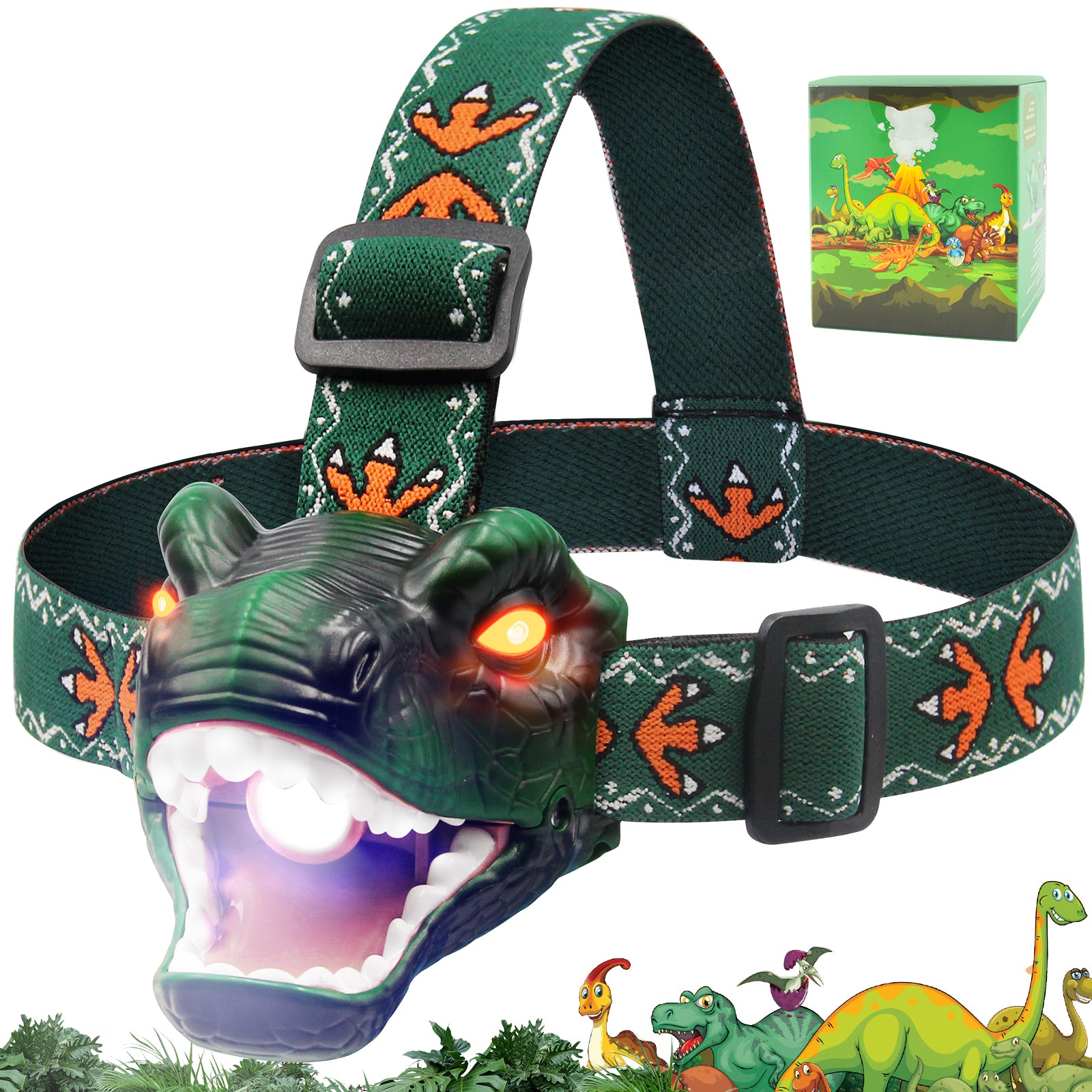 UK and DE Kids Headlamp, T-Rex Dinosaur Headlamp for Kids with 3 Light Modes, Simulate Dino Roar, Adjustable Headband