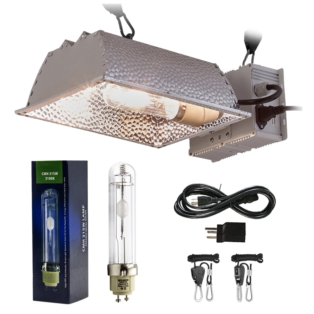 CMH 315W Grow Light Kit, ETL Listed, High-Reflectivity Aluminum Hood, 120-240V Ballast, Full-Spectrum CMH Hydroponic Grow Light and Suspension System
