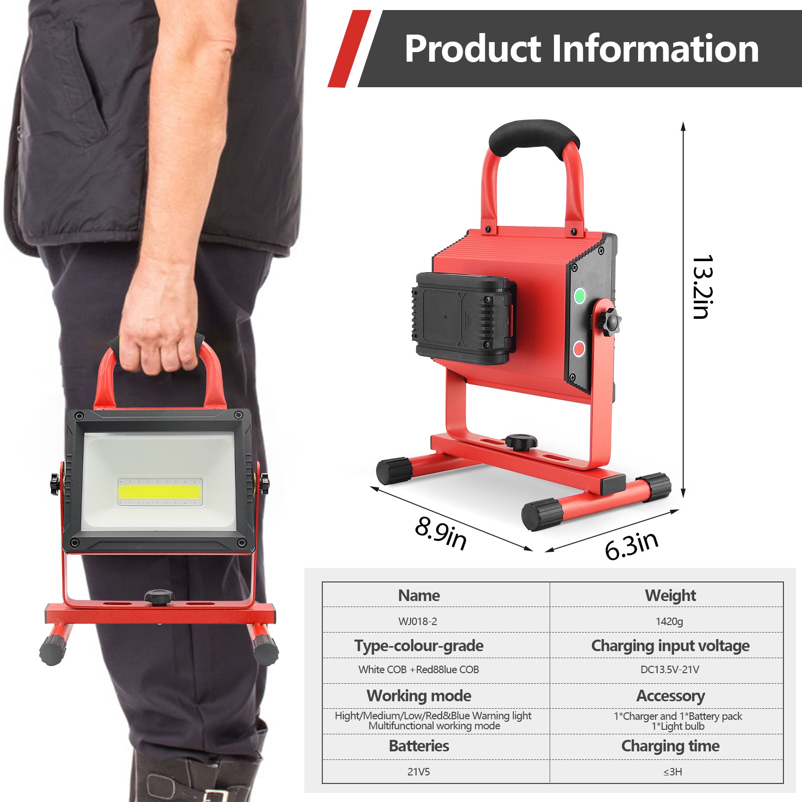 80W Rechargeable Work Light 8000LM with Replacement 21V 2.0Ah Battery | Arbeitsleuchten