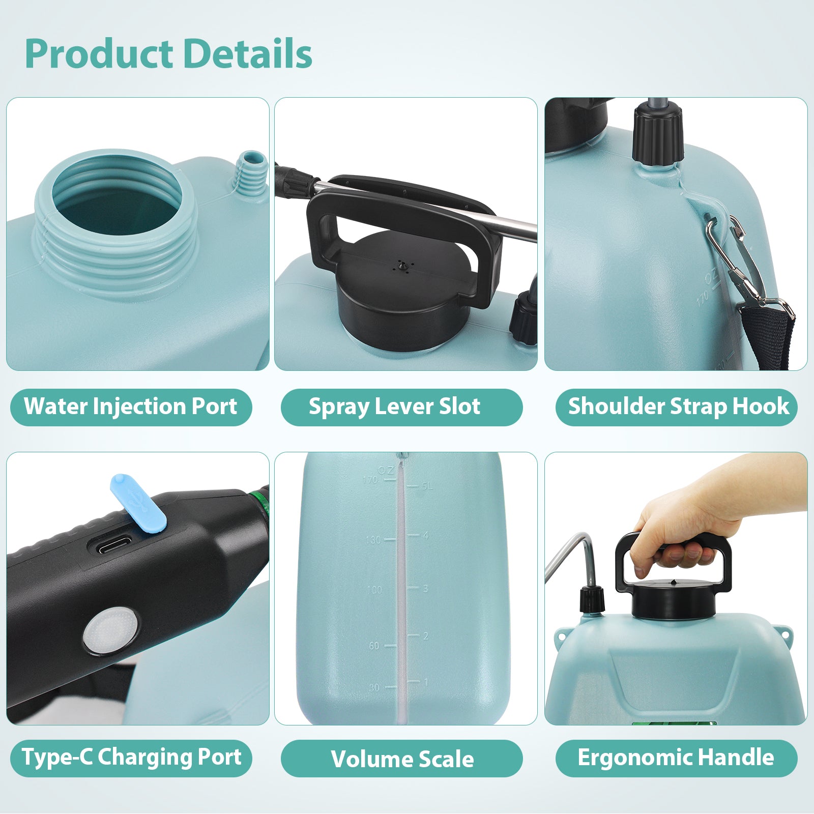 Battery Powered Sprayer 1.35 Gallon/5L with USB Rechargeable Handle (Blue）