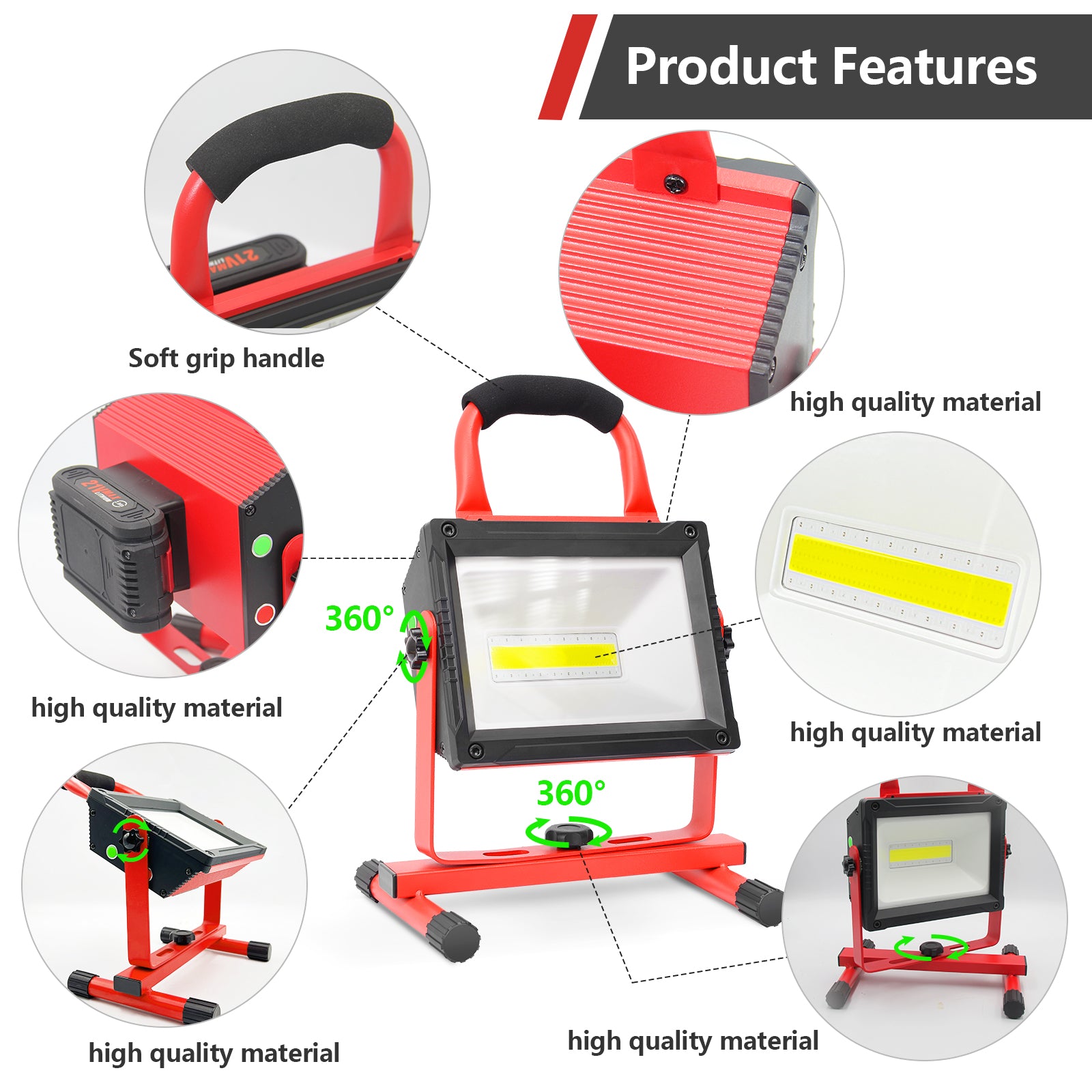80W Rechargeable Work Light 21V Battery 8000LM Replacement with 2.0Ah