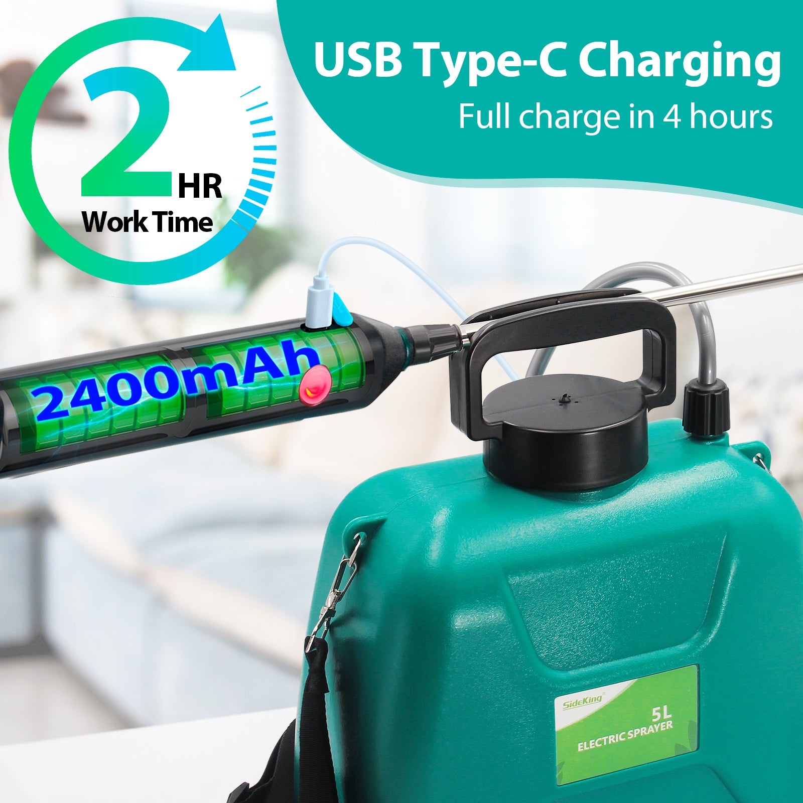 Battery Powered Sprayer 1.35 Gallon/5L with USB Rechargeable Handle