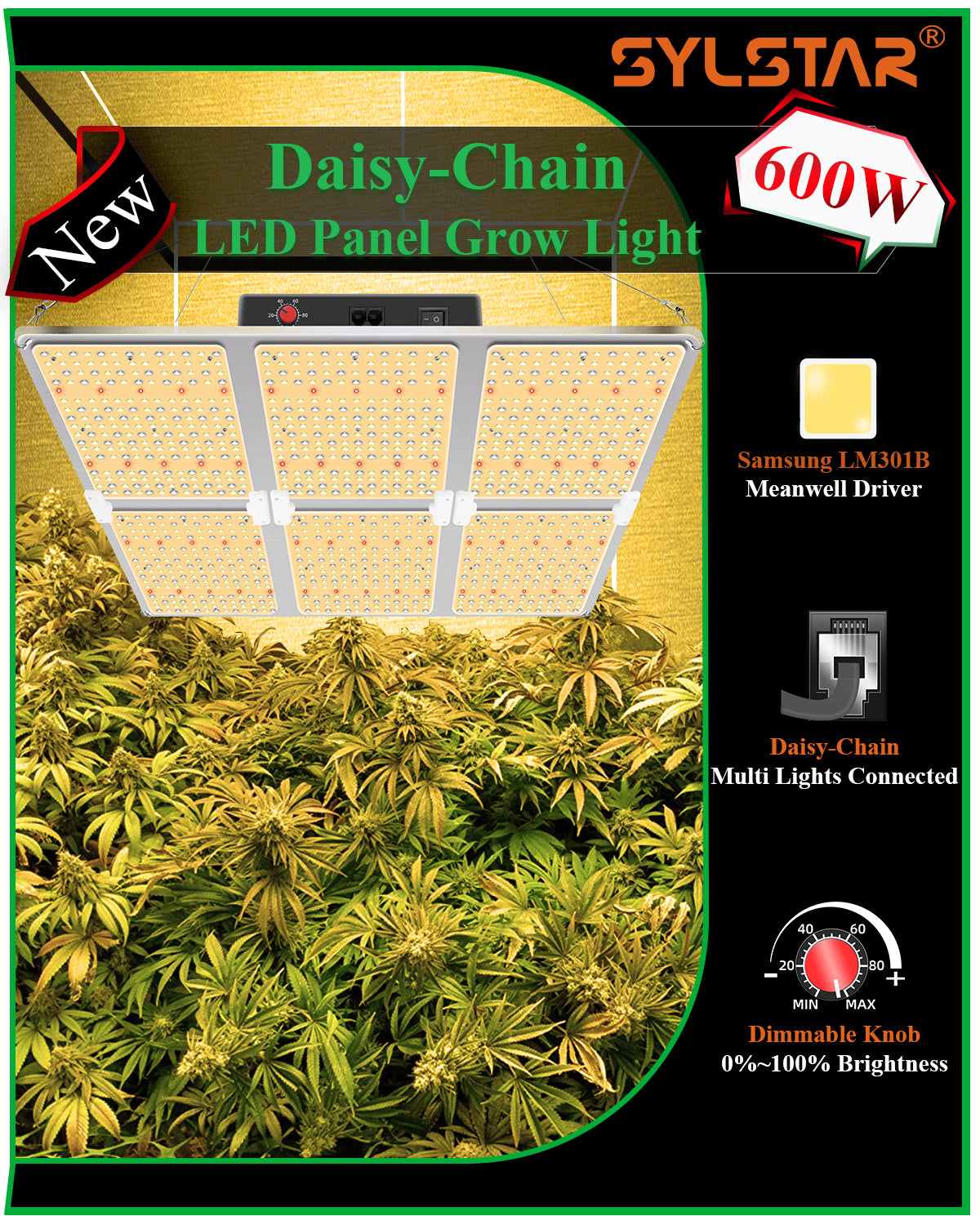 GL6000d/600W LED Grow Light with Samsung LM301&Daisy Chain Dimming, full spectrum for indoor plants