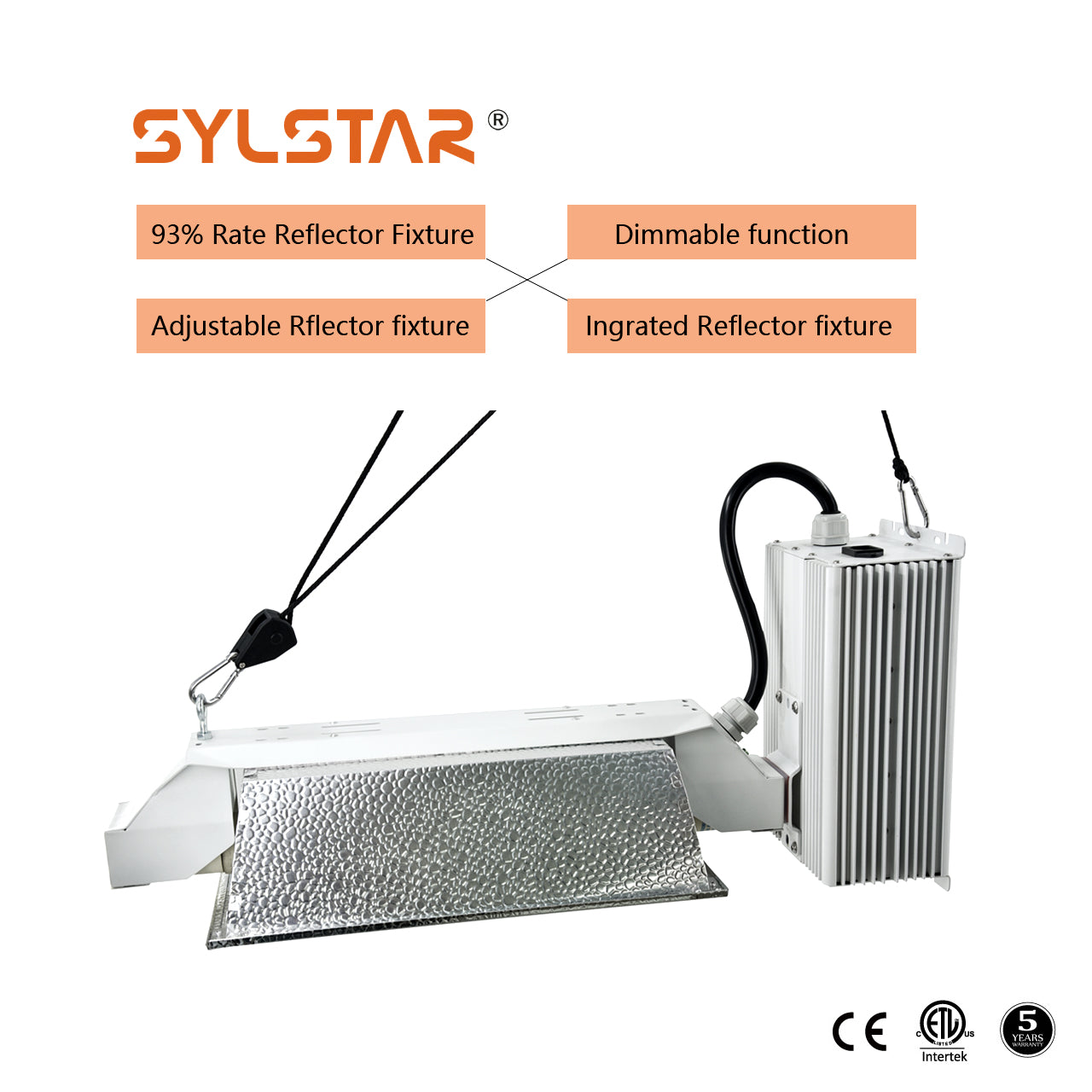 Sylstar 630W Ceramic Metal Halide CMH/CDM Grow Light Kit, ETL Listed, High-Reflectivity Aluminum Hood, 120-240V Ballast, Full-Spectrum CMH Hydroponic Grow Light and Suspension System