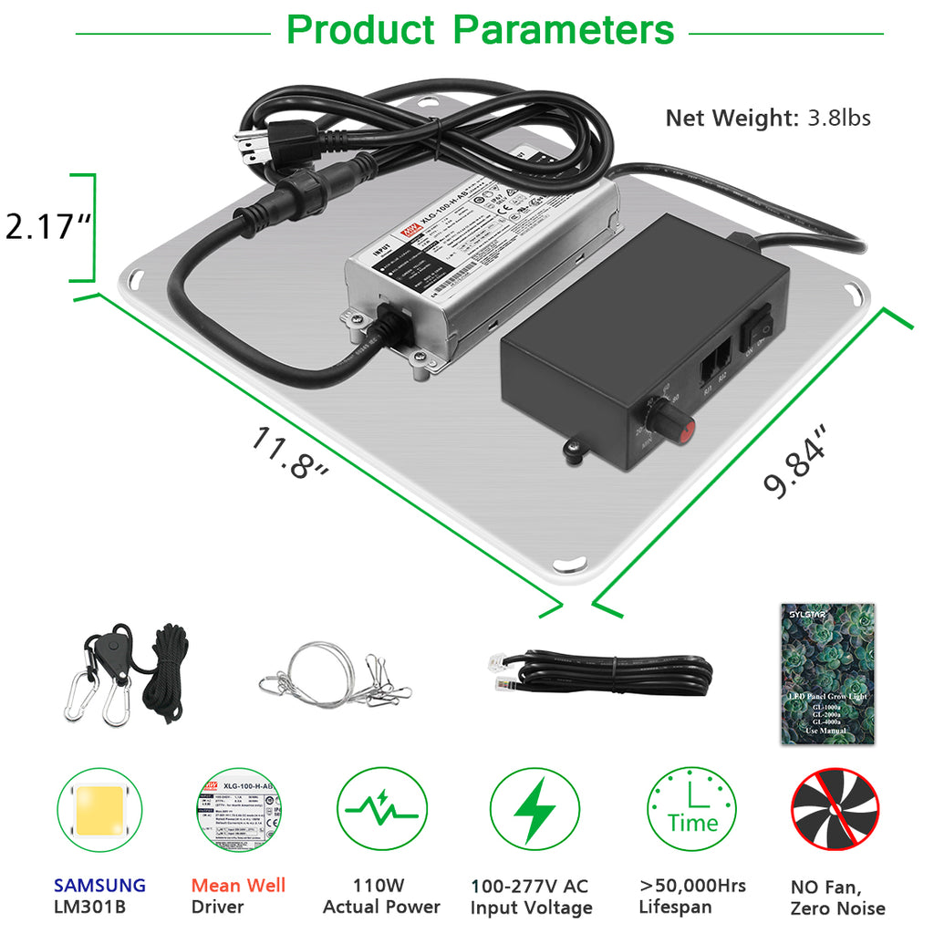LED Grow Light GL1000/110W with Samsung LM301b Diodes & MeanWell Driver, Daisy chain dimming,  Full Spectrum for Hydroponic Indoor Plants