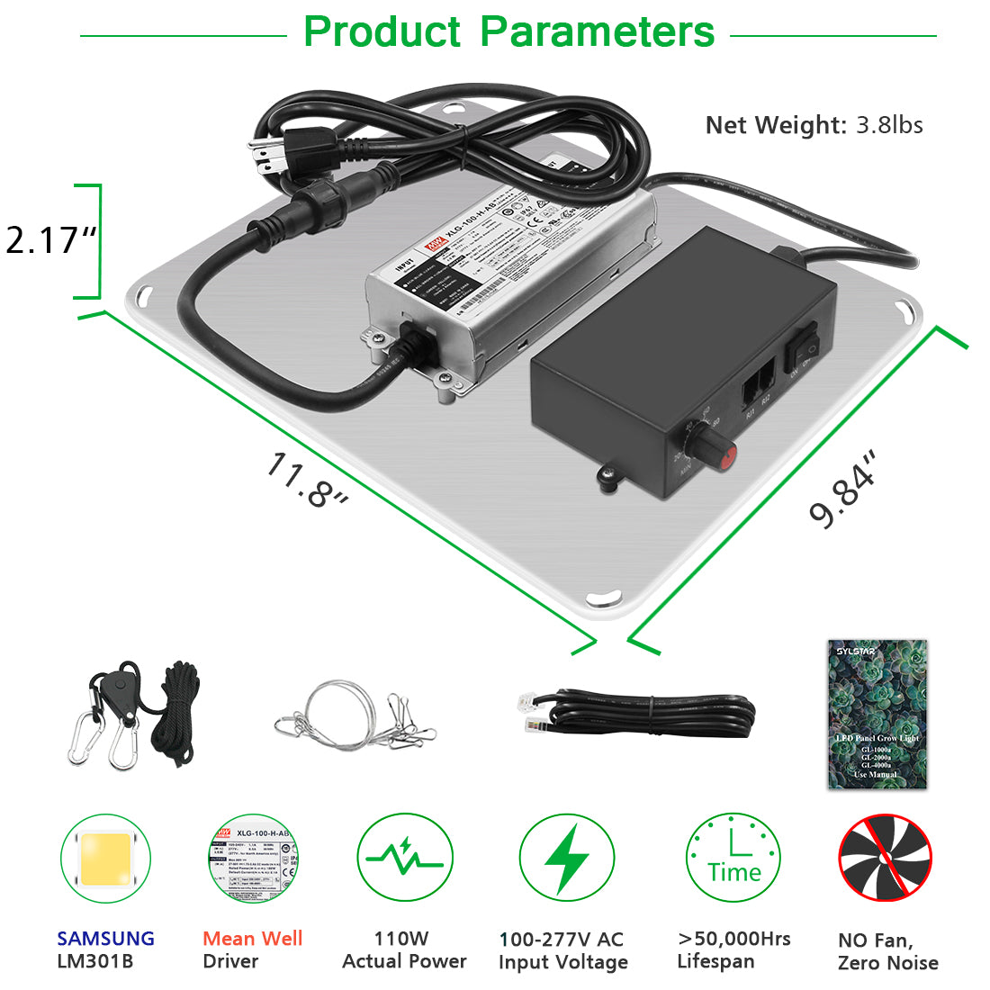LED Grow Light GL1000/110W with Samsung LM301b Diodes & MeanWell Driver, Daisy chain dimming,  Full Spectrum for Hydroponic Indoor Plants
